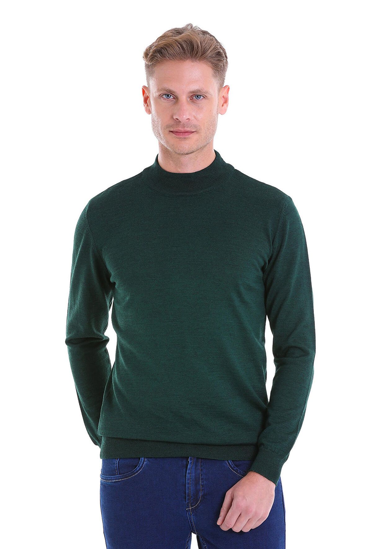 Yeşil Regular Fit Düz Yün Yarım Balıkçı Yaka Triko Kazak | XL