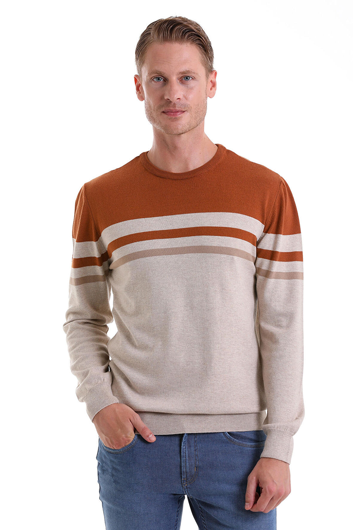 Bej Comfort Fit Desenli Pamuklu Bisiklet Yaka Casual Triko Kazak