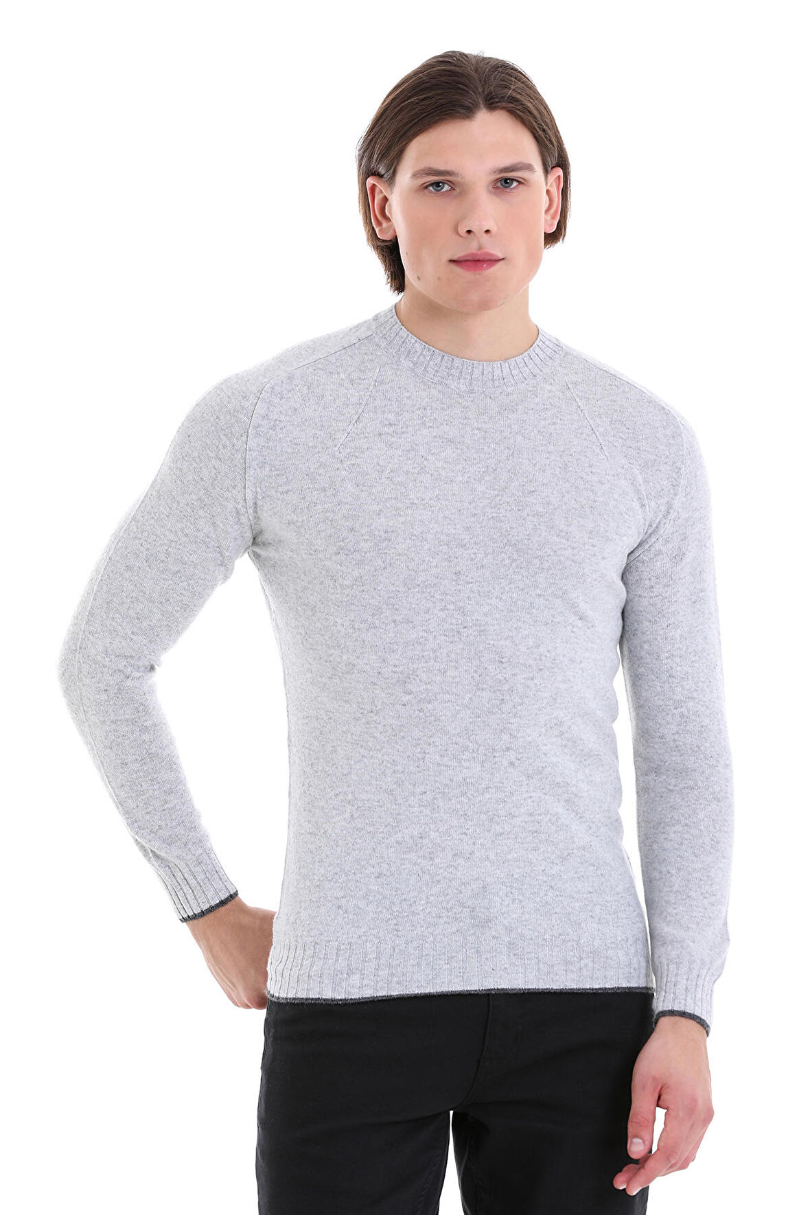 Gri Regular Fit Düz Bisiklet Yaka Yünlü Triko Kazak | 3XL