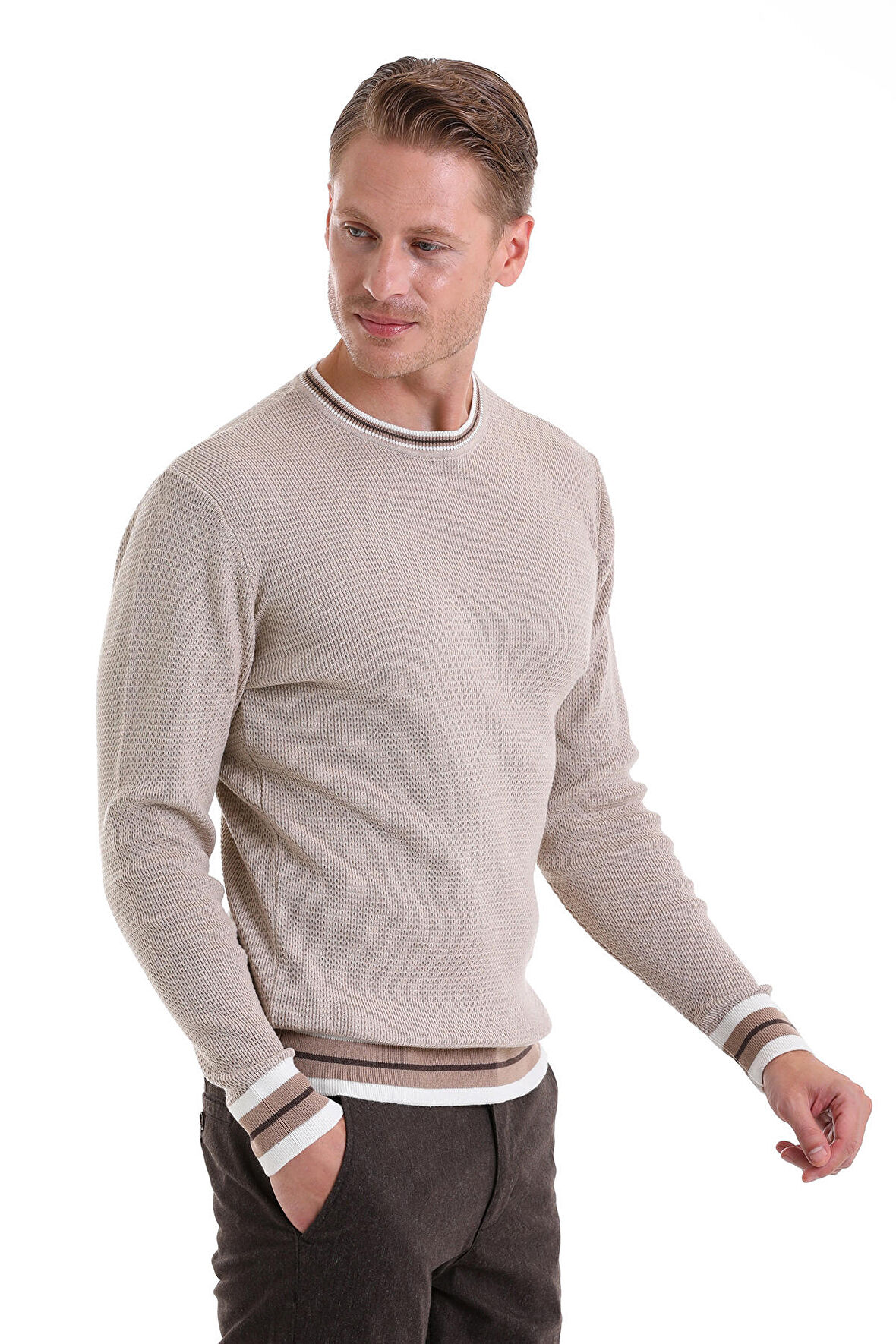 Bej Comfort Fit Düz Pamuklu Bisiklet Yaka Casual Triko Kazak