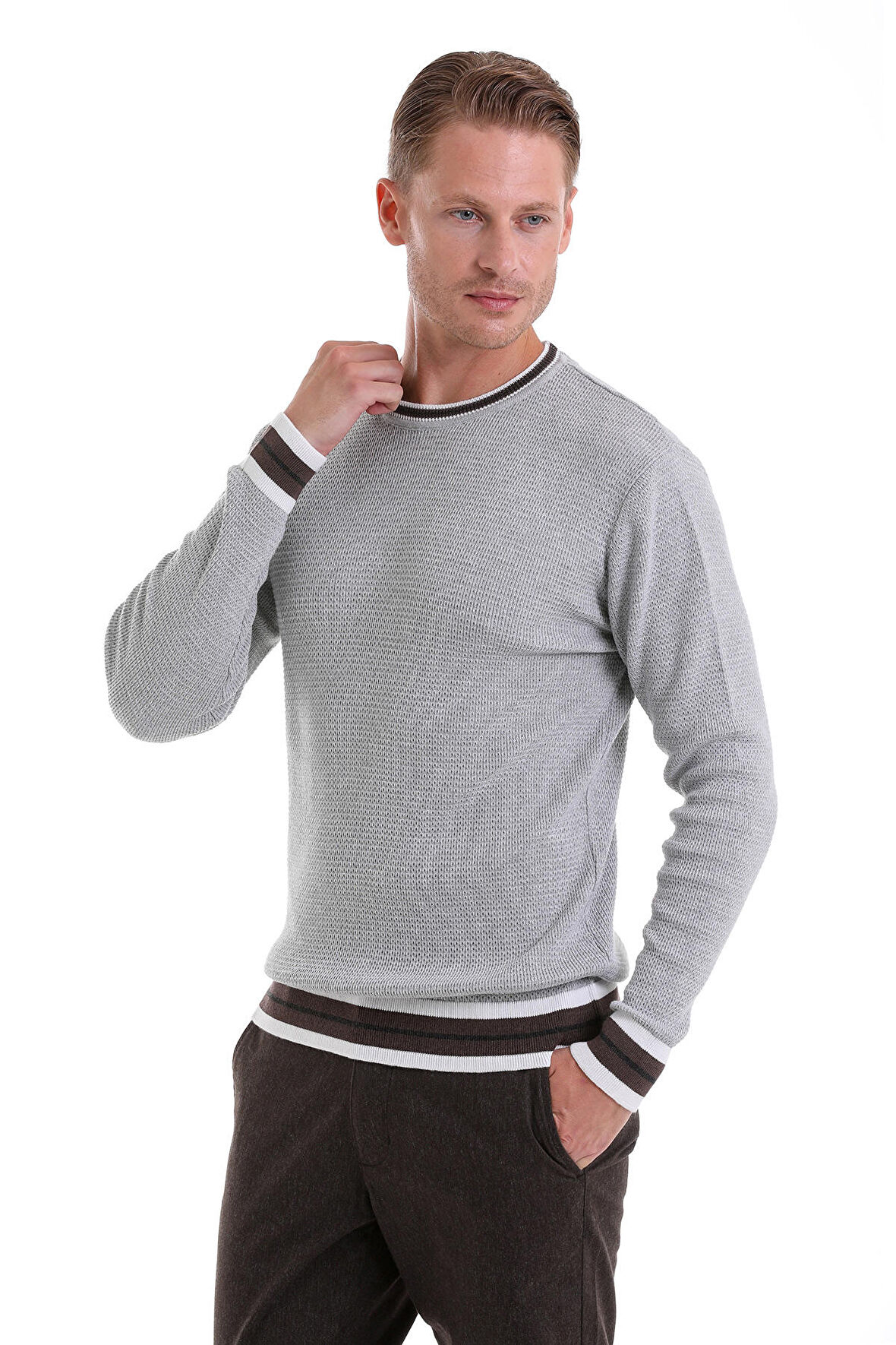 A.Gri Comfort Fit Düz Pamuklu Bisiklet Yaka Casual Triko Kazak