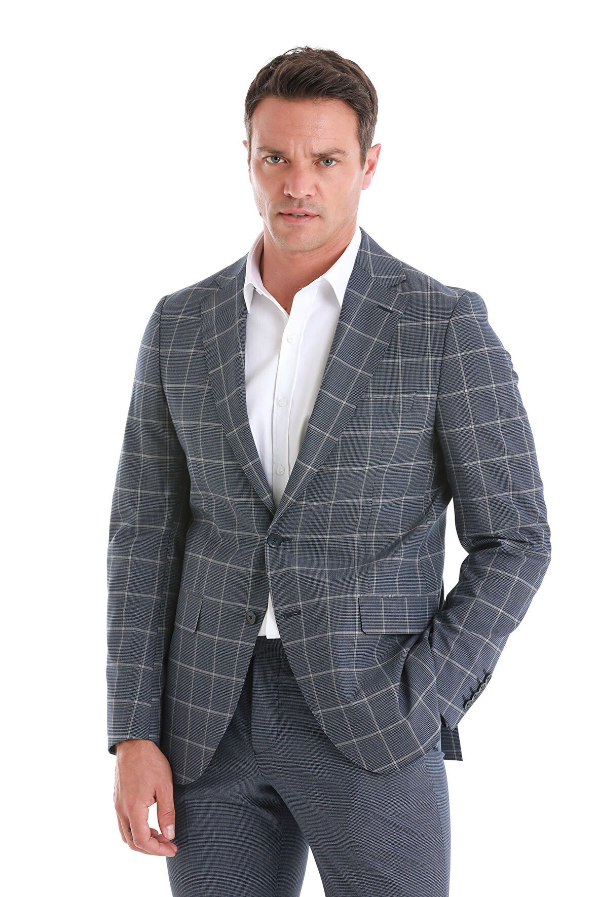 Lacivert Slim Fit Çizgili Mono Yaka Takım Elbise | 50