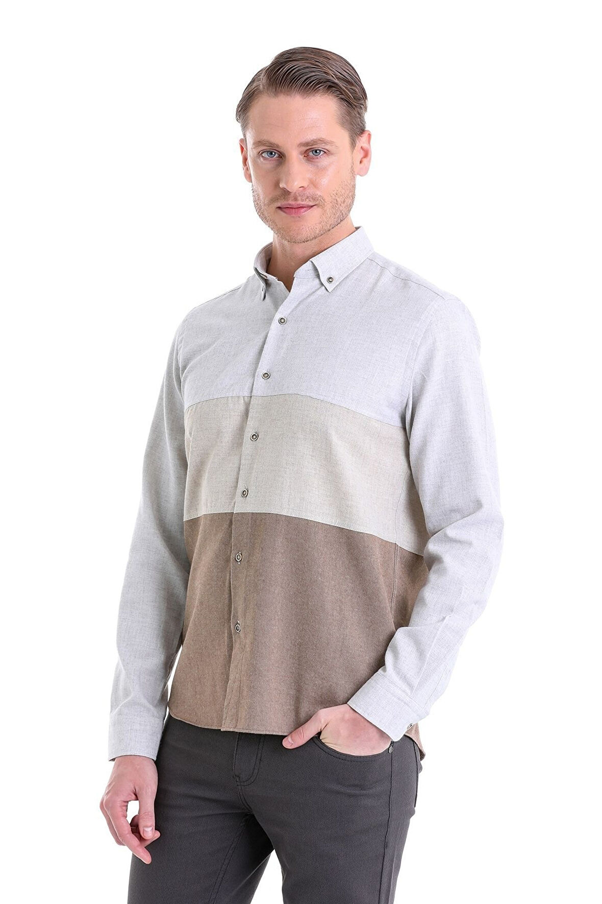 Gri Comfort Fit Düz Düğmeli Yaka Uzun Kollu Casual Flanel Gömlek | S