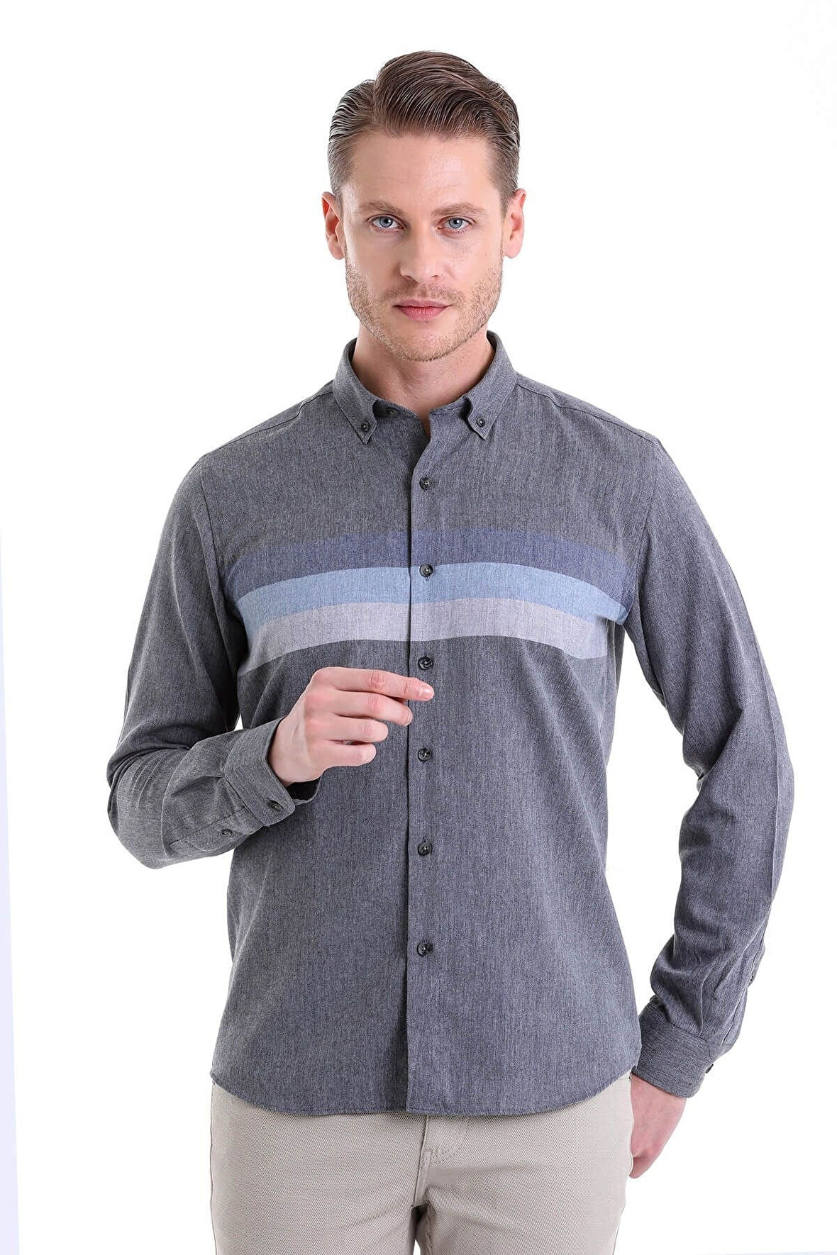 Lacivert Comfort Fit Düz Düğmeli Yaka Uzun Kollu Casual Flanel Gömlek | S