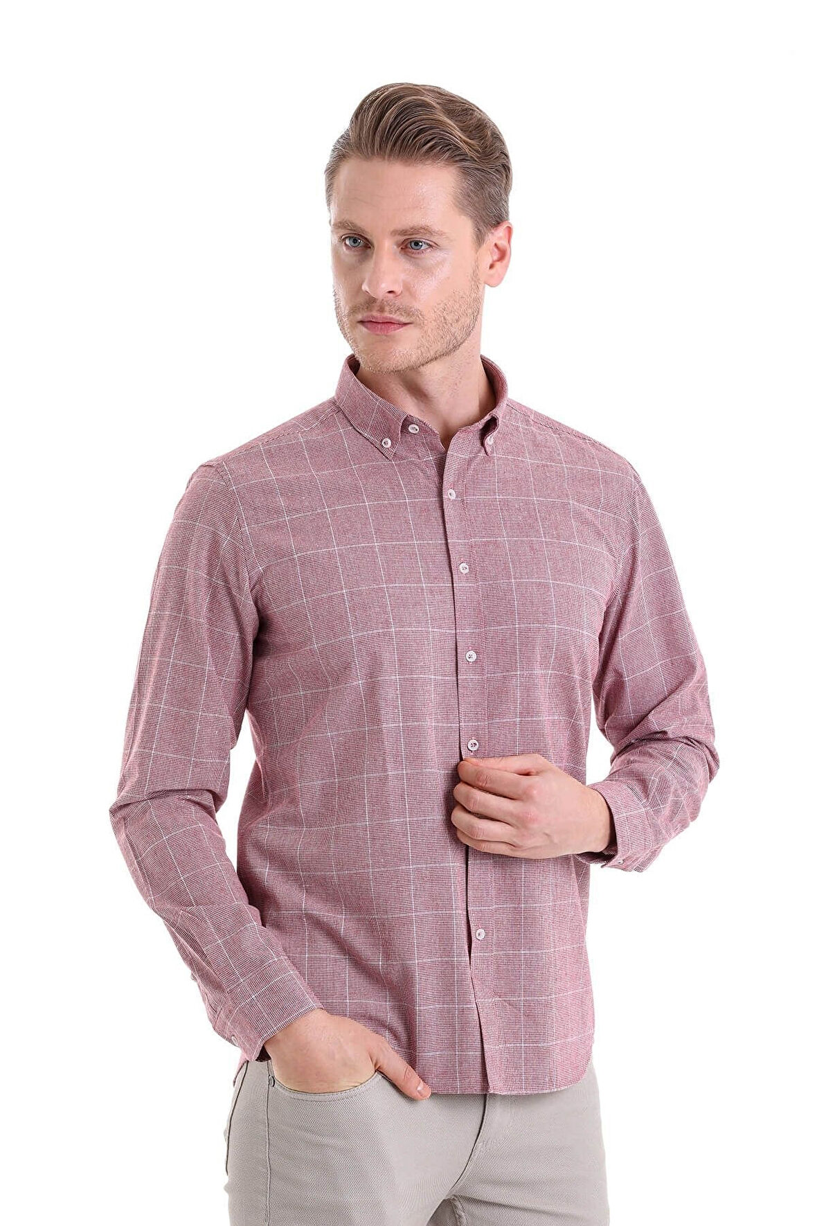Bordo Comfort Fit Desenli Düğmeli Yaka Uzun Kollu Casual Flanel Gömlek | S