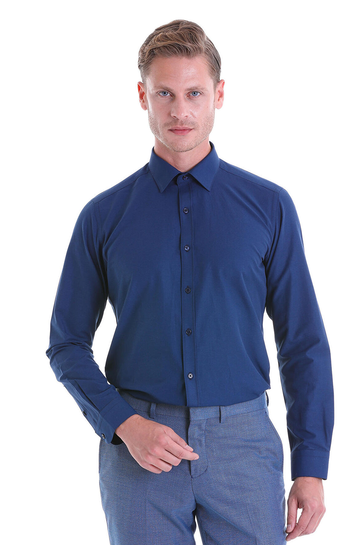 Lacivert Slim Fit Pamuklu Uzun Kollu Gömlek | L
