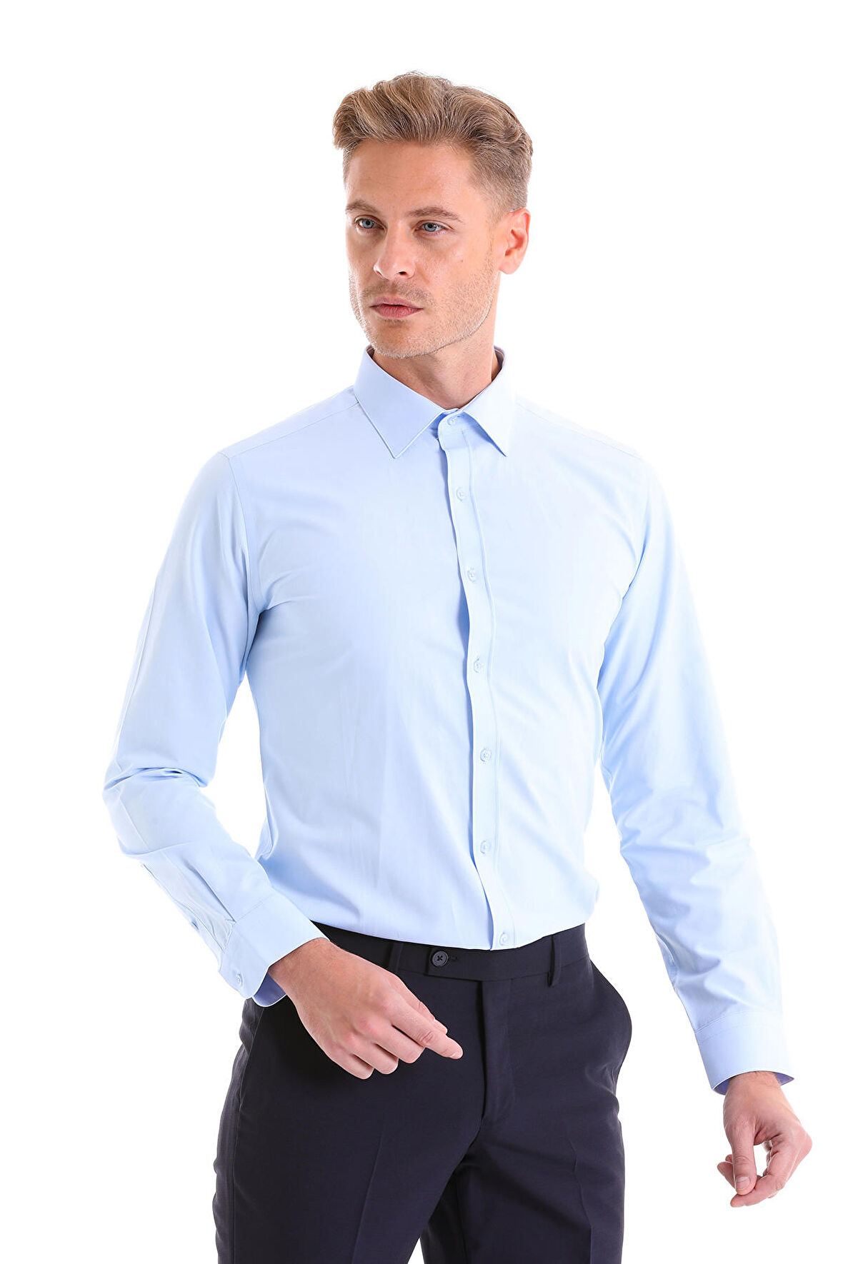 Slim Fit Düz Pamuklu Uzun Kol Gömlek