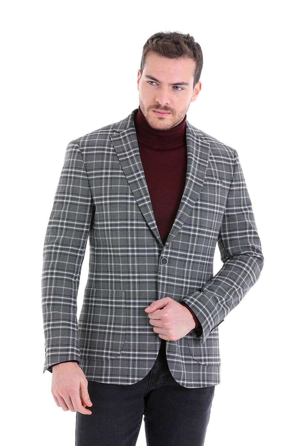 Gri K. Comfort Fit Kareli Mono Yaka Klasik Ceket