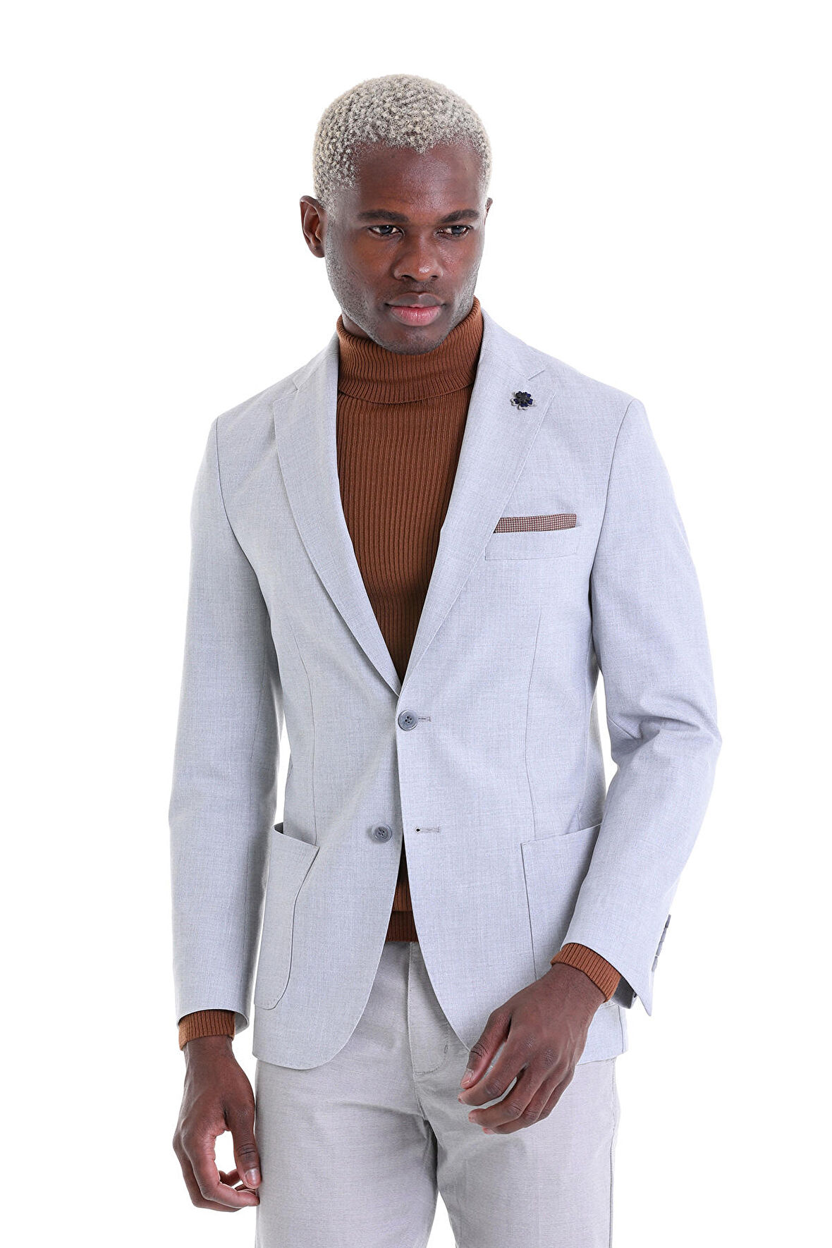 Gri Slim Fit Desenli Mono Yaka Çift Düğme Ceket | 52