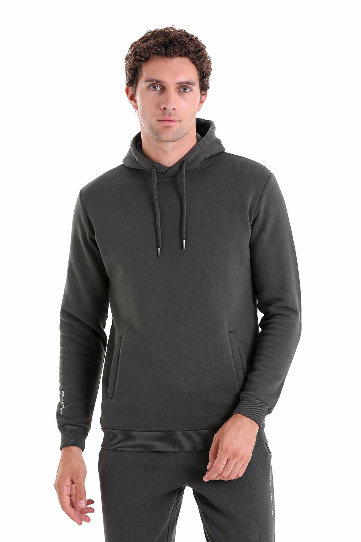 Haki Regular Fit Düz Kanguru Cep Kapüşonlu Sweatshirt