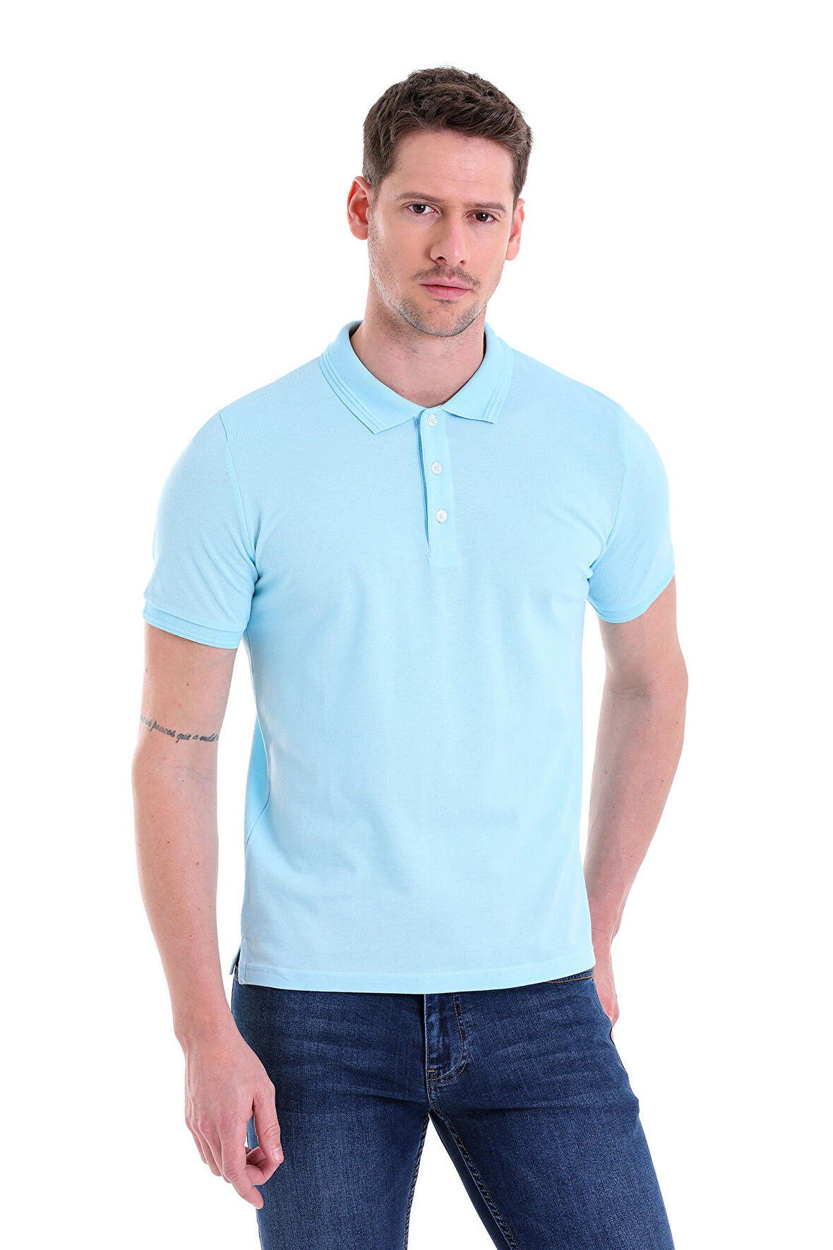 A. Mavi Düz comfort Fit 100% Pamuk Polo Yaka Tişört