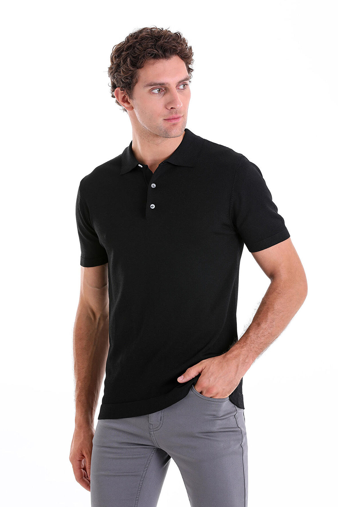 Siyah Slim Fit Düz Rayon Polo Yaka Triko Tişört
