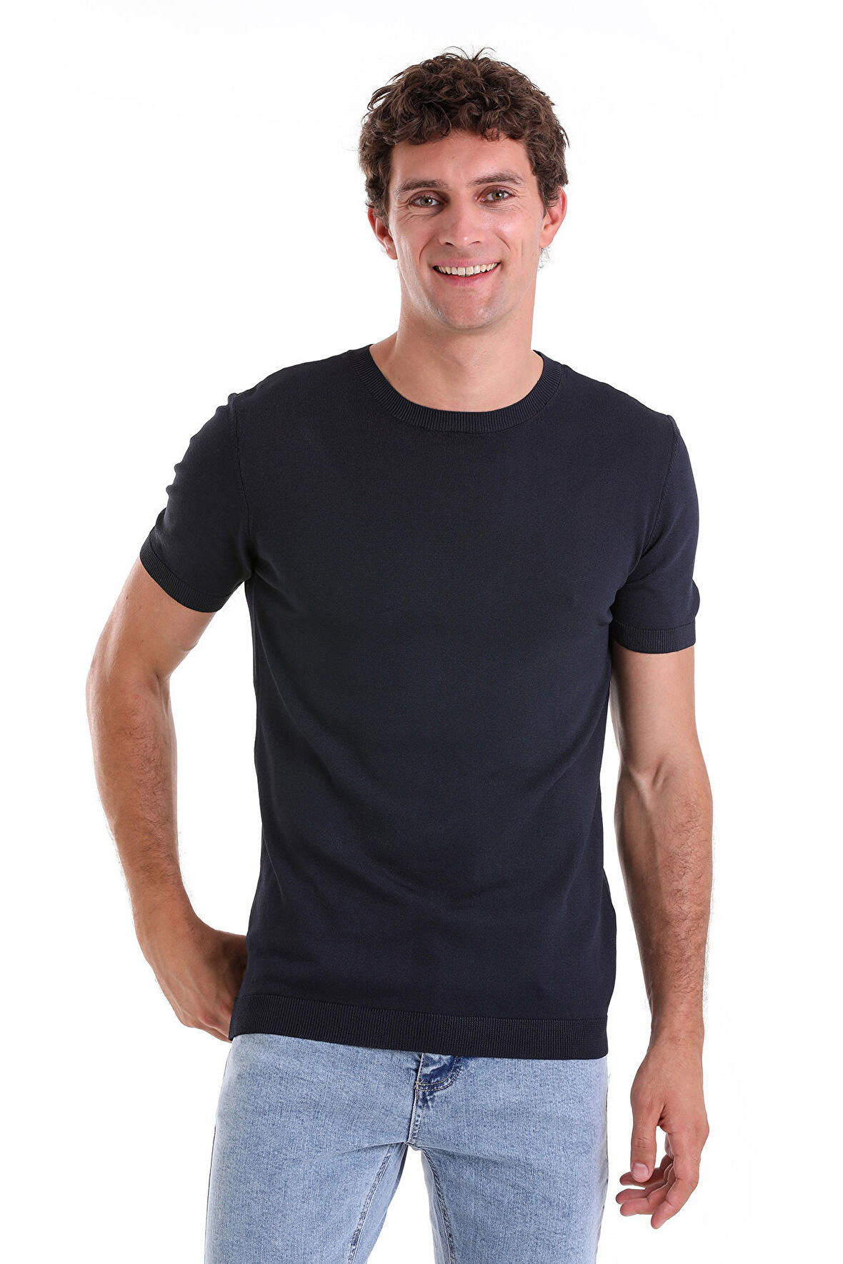 Lacivert Slim Fit Düz Bisiklet Yaka Rayon Tişört