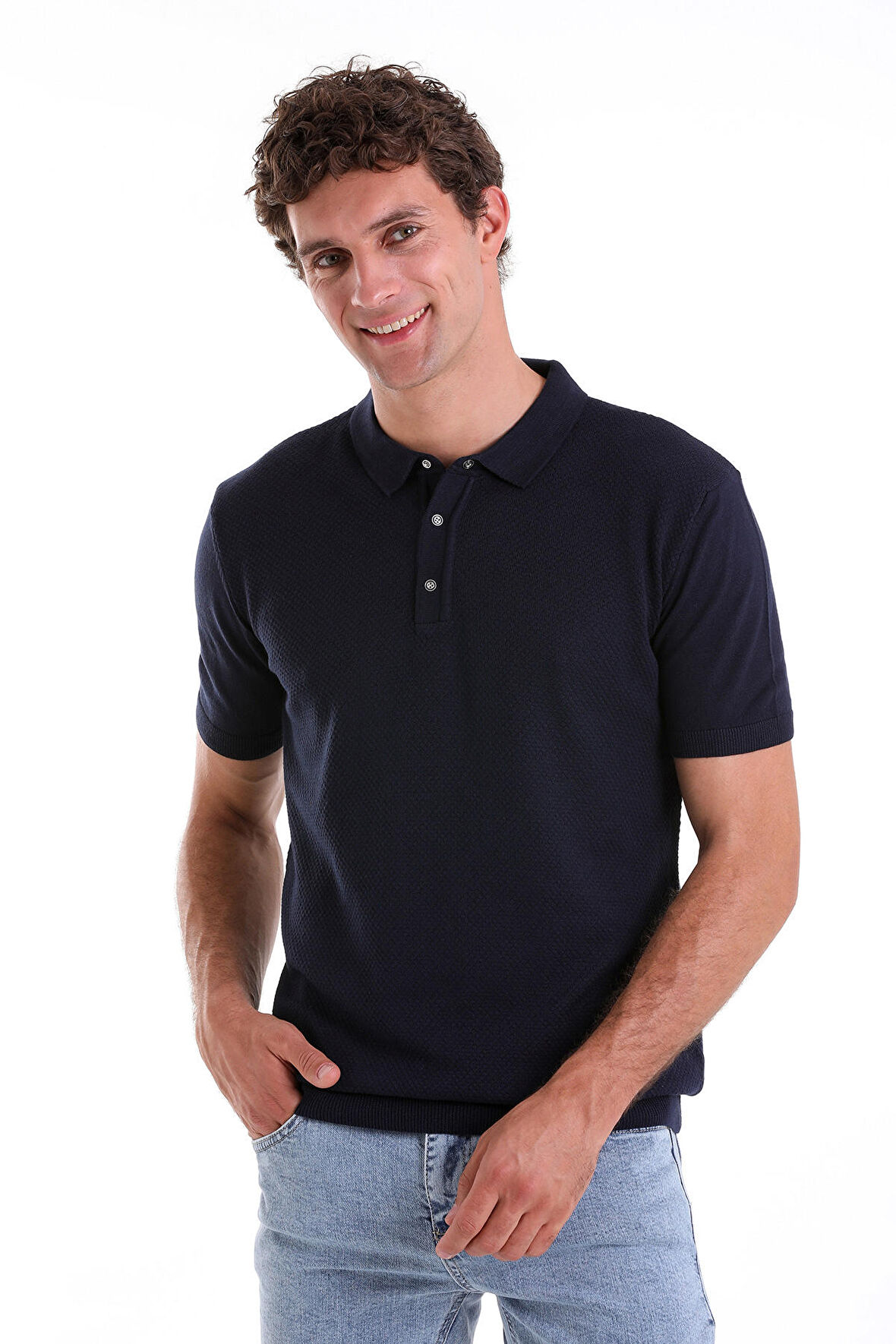 Lacivert Regular Fit Düz Pamuklu Polo Yaka Triko Tişört