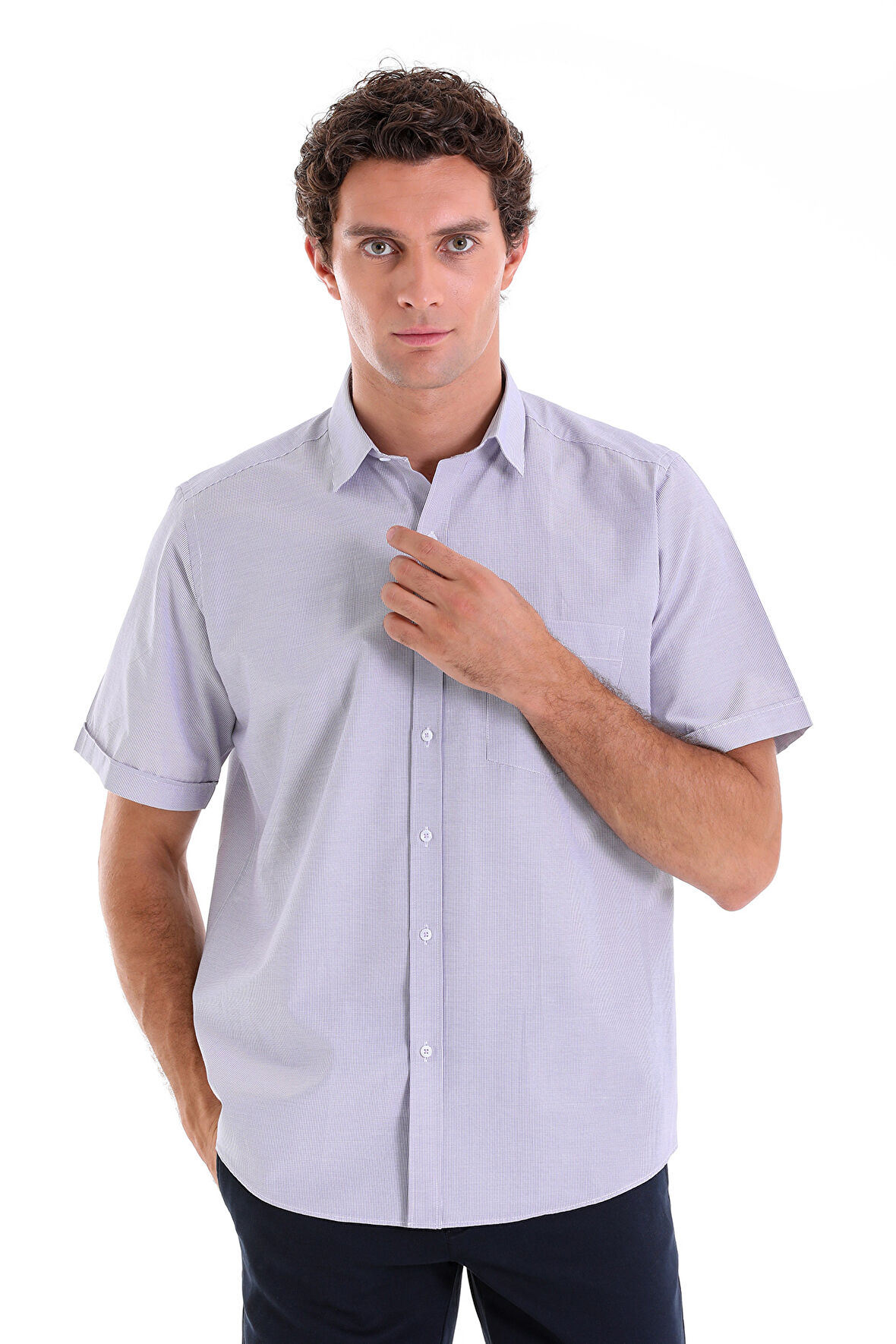 Mor K. Regular Fit Kareli Pamuklu Slim Yaka Kısa Kol Klasik Gömlek