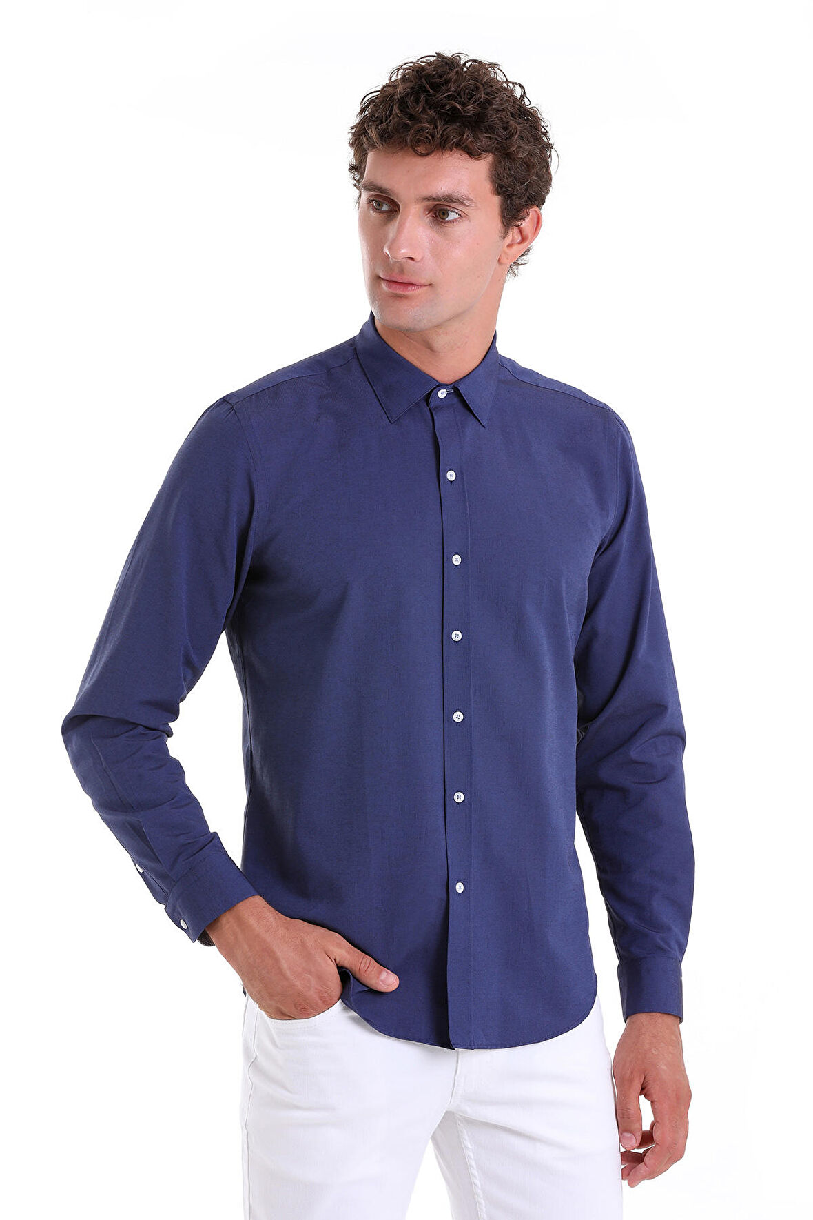 Lacivert D. Comfort Fit Desenli Pamuklu Slim Yaka Uzun Kollu Klasik Gömlek