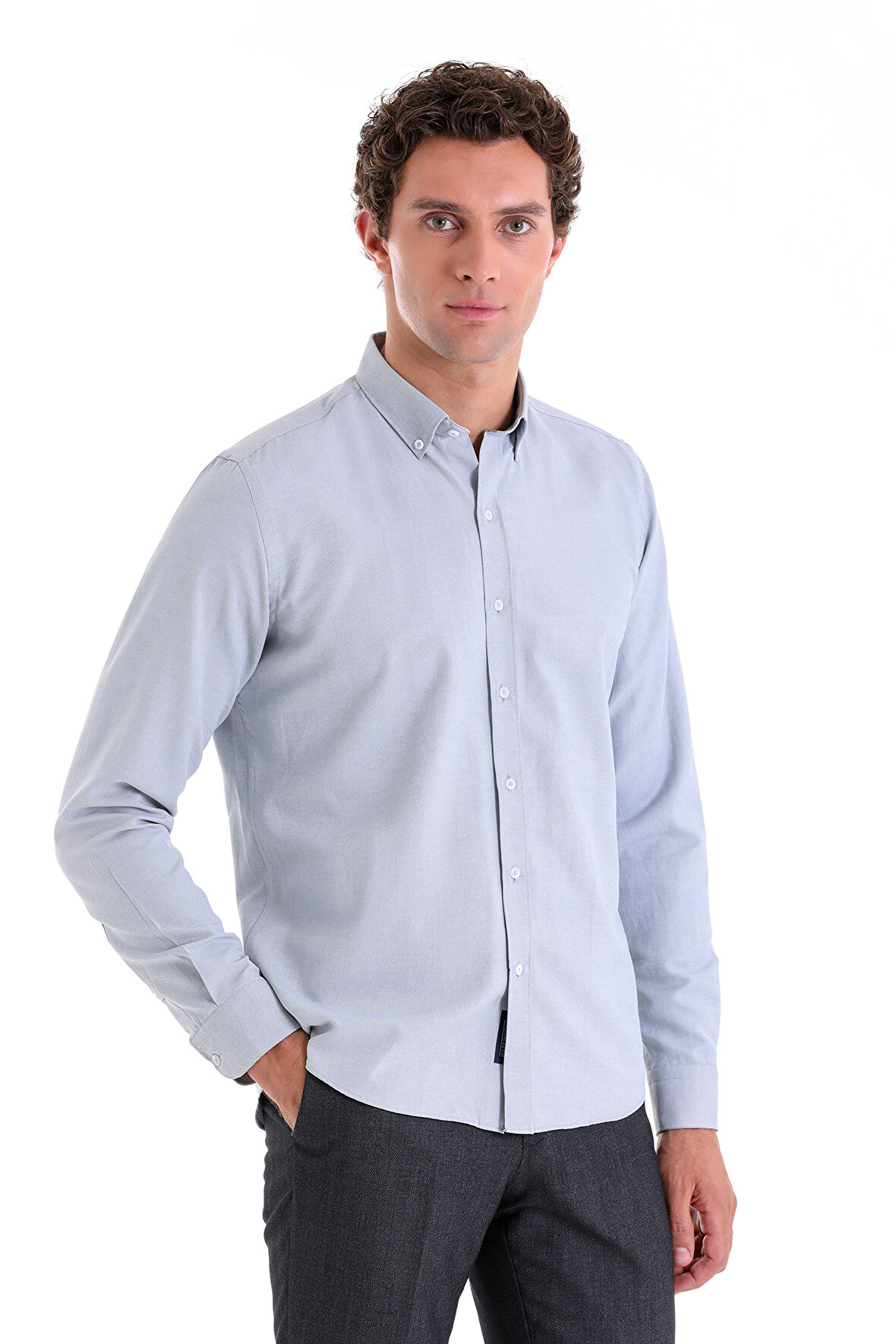 Gri Comfort Fit Düz Pamuklu Düğmeli Yaka Uzun Kollu Oxford Gömlek