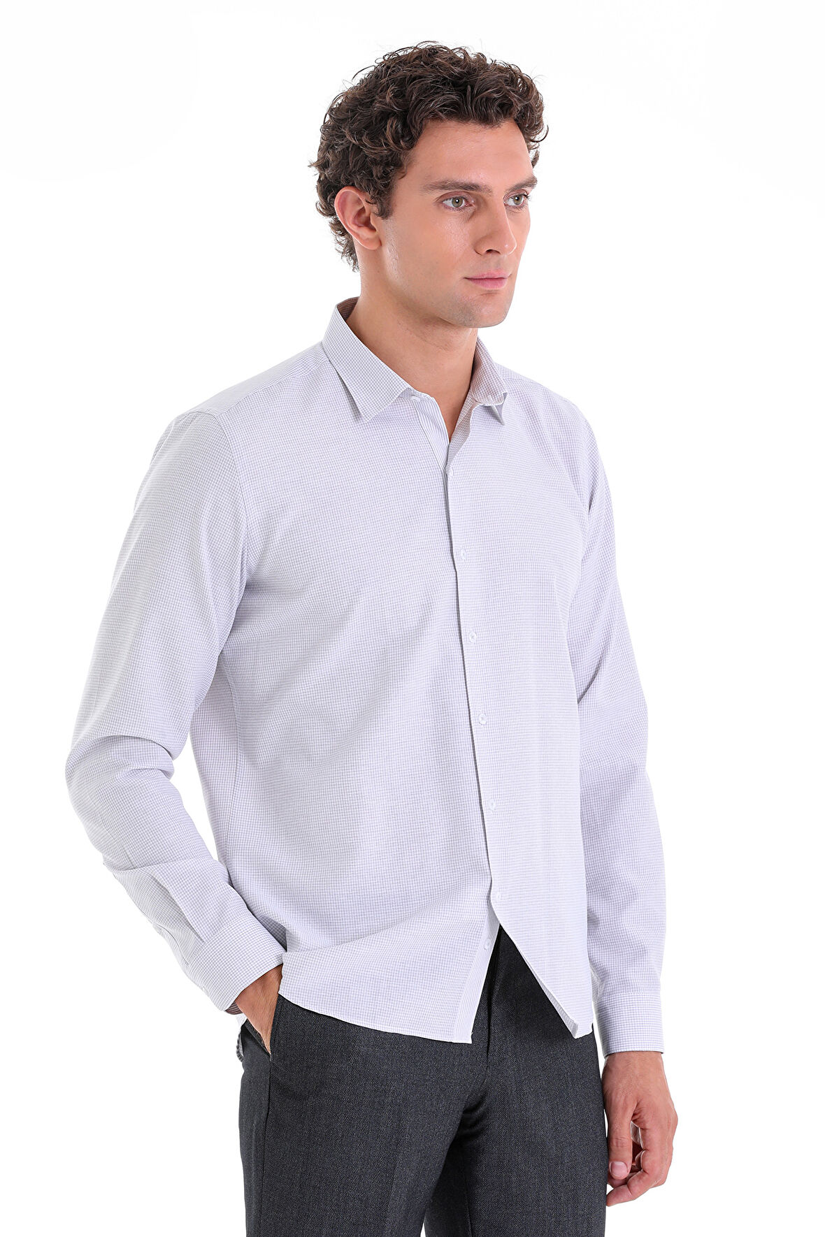 Gri K. Comfort Fit Çizgili Pamuklu Slim Yaka Uzun Kollu Spor Gömlek