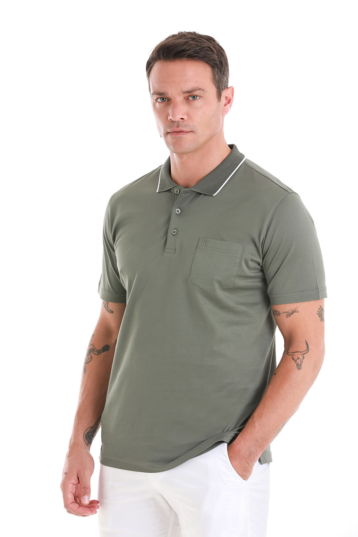 Haki Regular Fit Düz  Merserize Polo Yaka 100% Pamuk Tişört | M