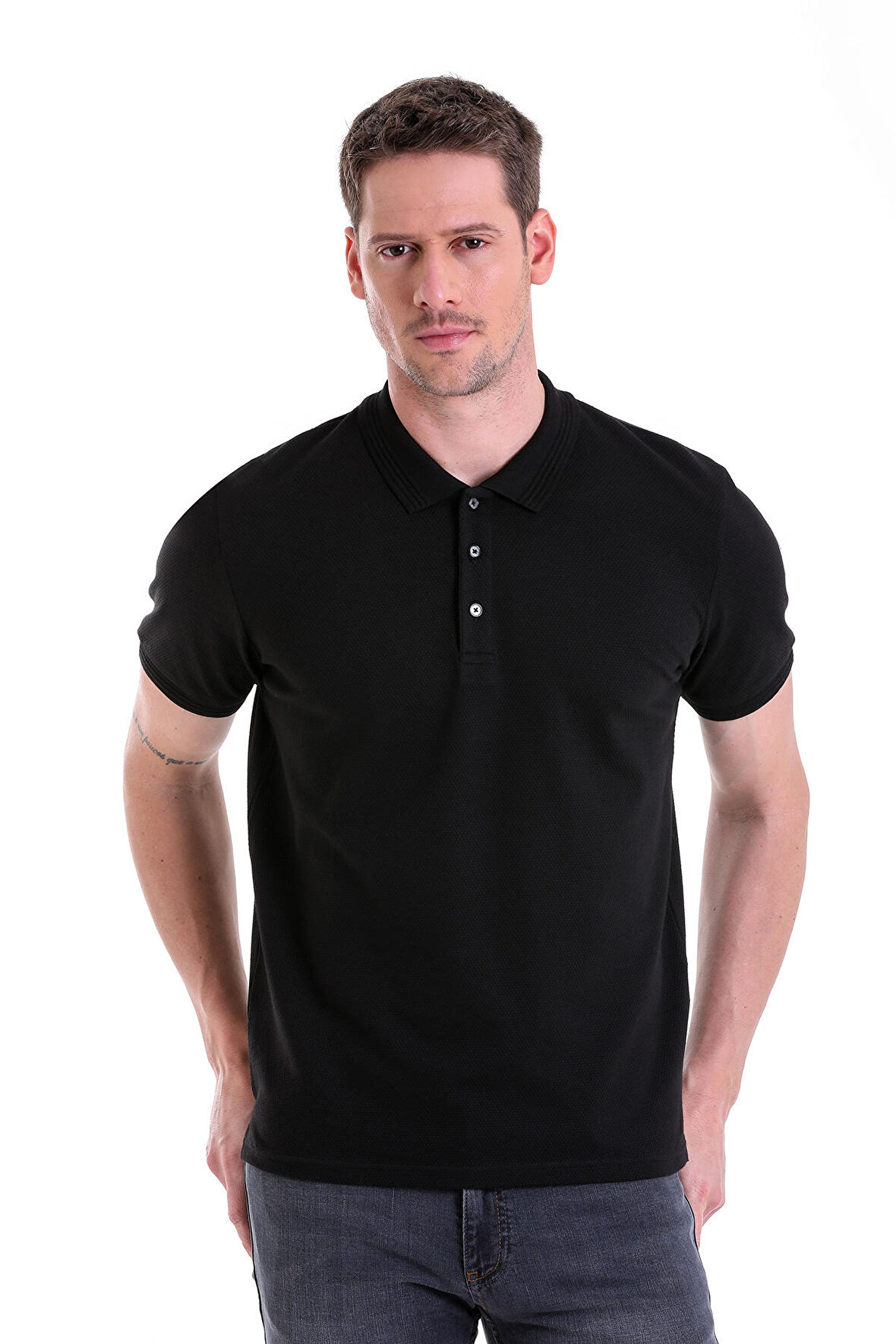 Siyah Petek Desenli Regular Fit 100% Pamuk Polo Yaka Tişört
