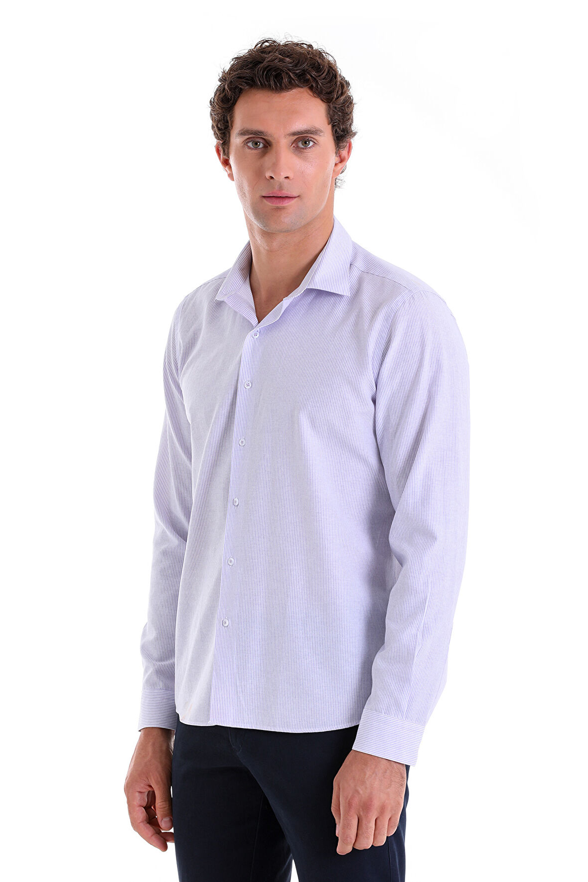 Lila Ç. Comfort Fit Çizgili Pamuklu Slim Yaka Uzun Kollu Spor Gömlek