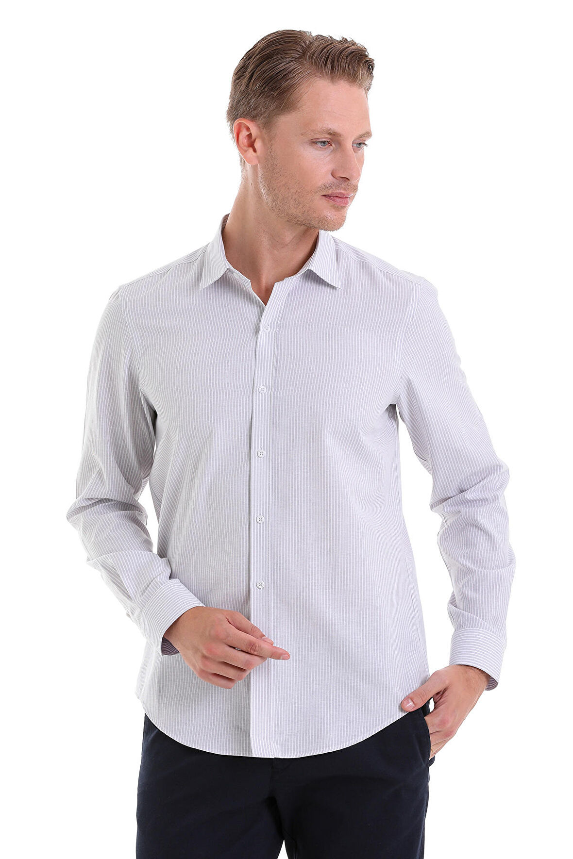 Gri Ç. Comfort Fit Çizgili Pamuklu Slim Yaka Uzun Kollu Spor Gömlek