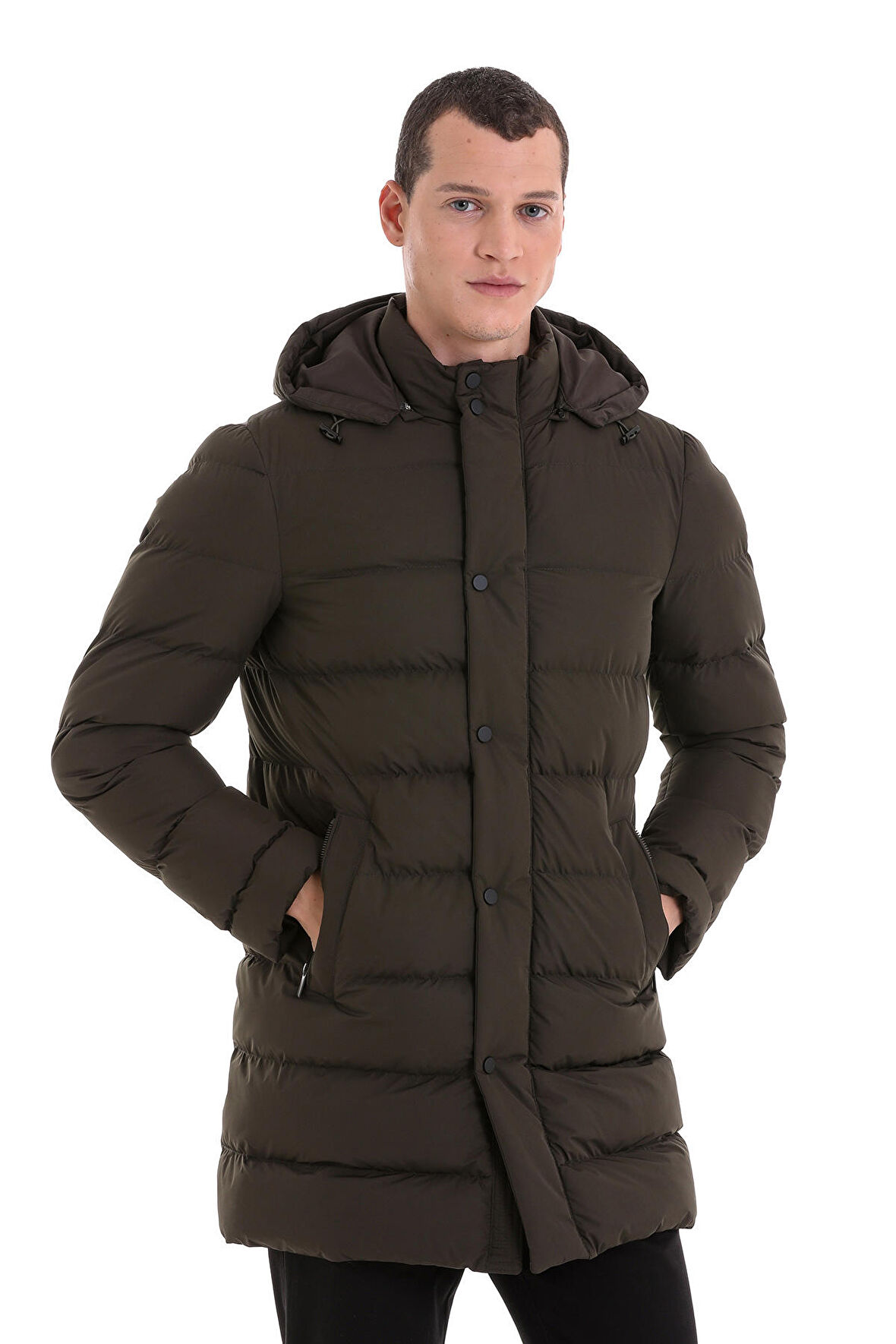 Haki Slim Fit Hakim Yaka Kapüşonlu Kaban | L