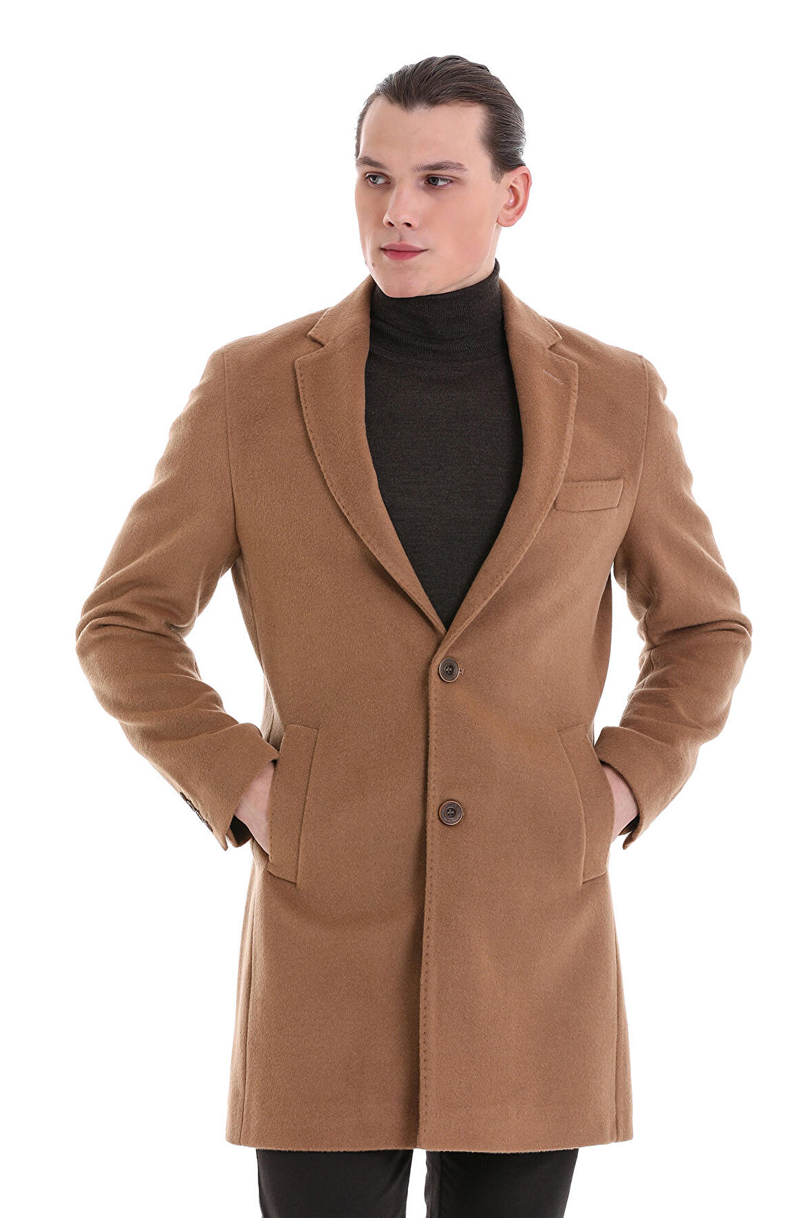 Camel Slim Fit Düz Mono Yaka Yünlü Kaşe Palto | XL