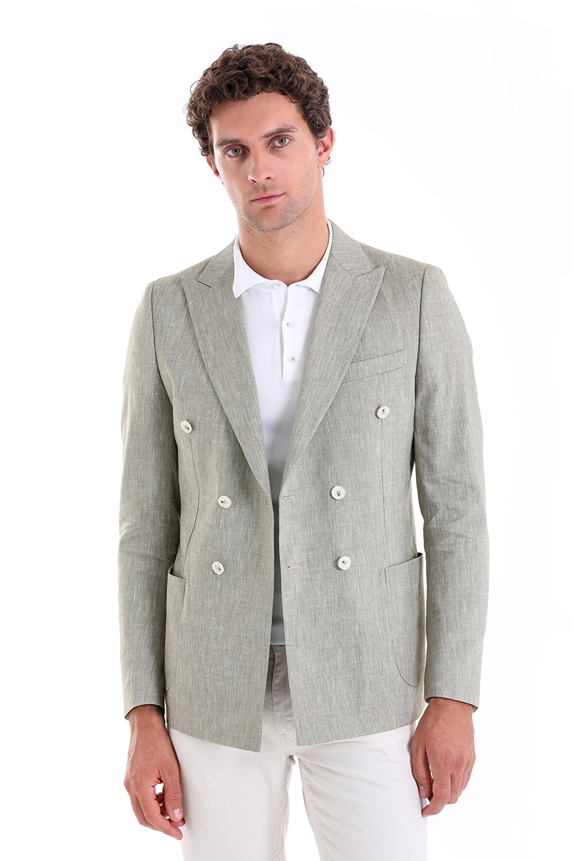 Olive Slim Fit Düz Sivri Yaka Kruvaze Keten Ceket