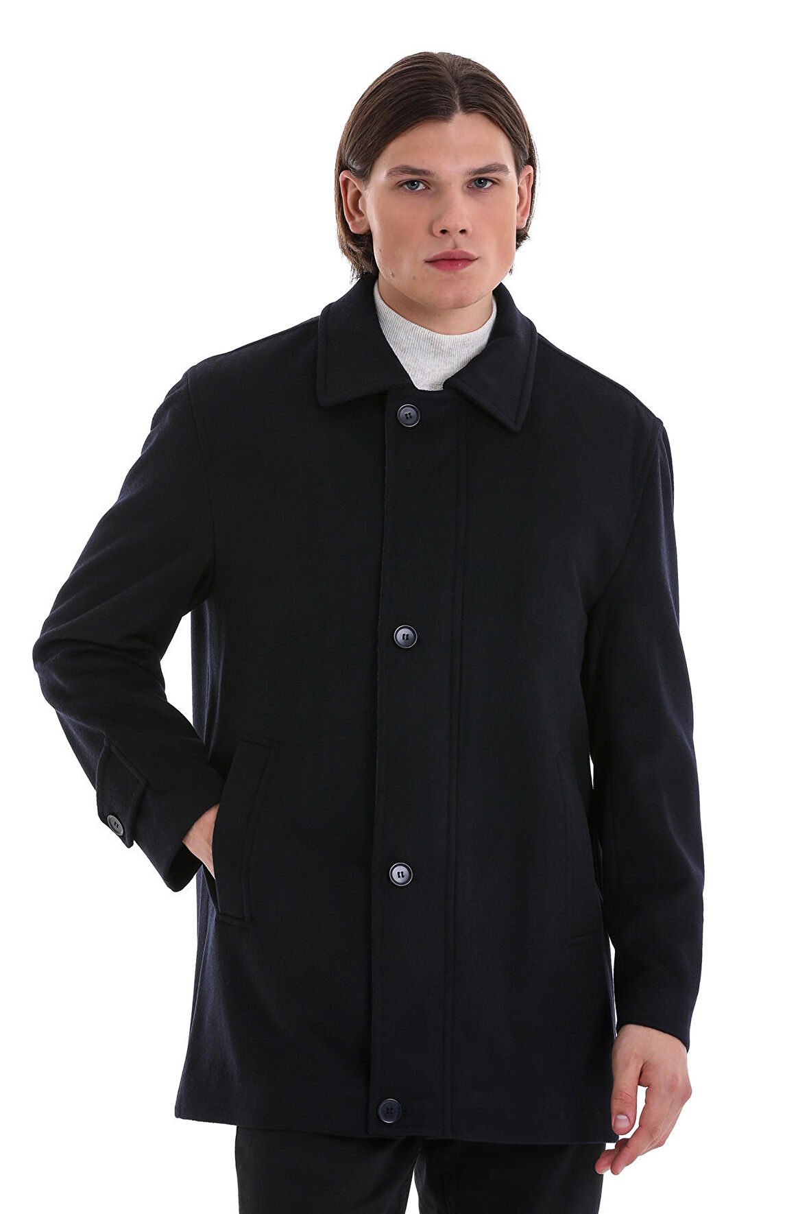 Lacivert Regular Fit Düz Bebe Yaka Yünlü Basic Kaban | XXL