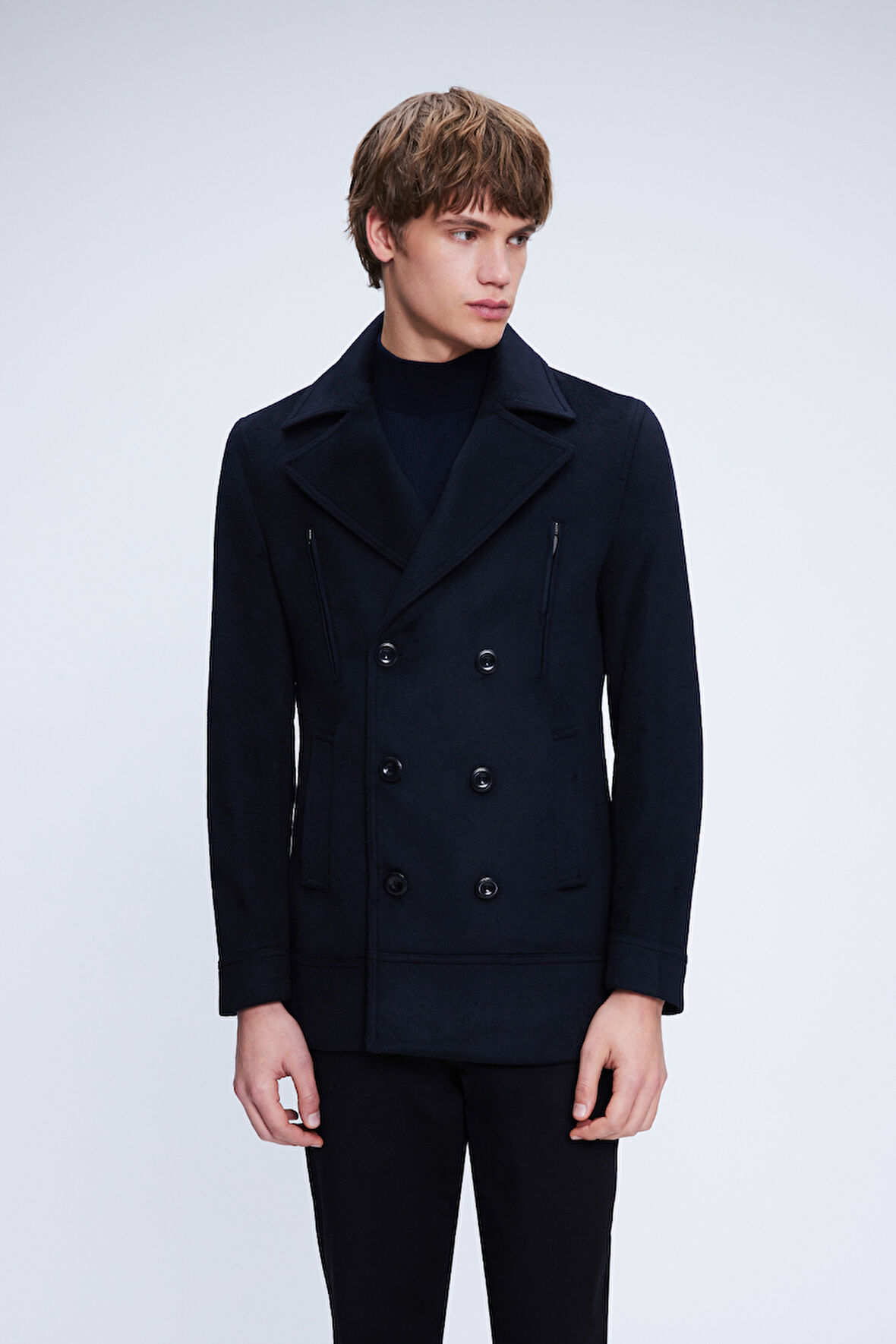 Lacivert Slim Fit Düz Kruvaze Yünlü Kaşe Kaban | XS
