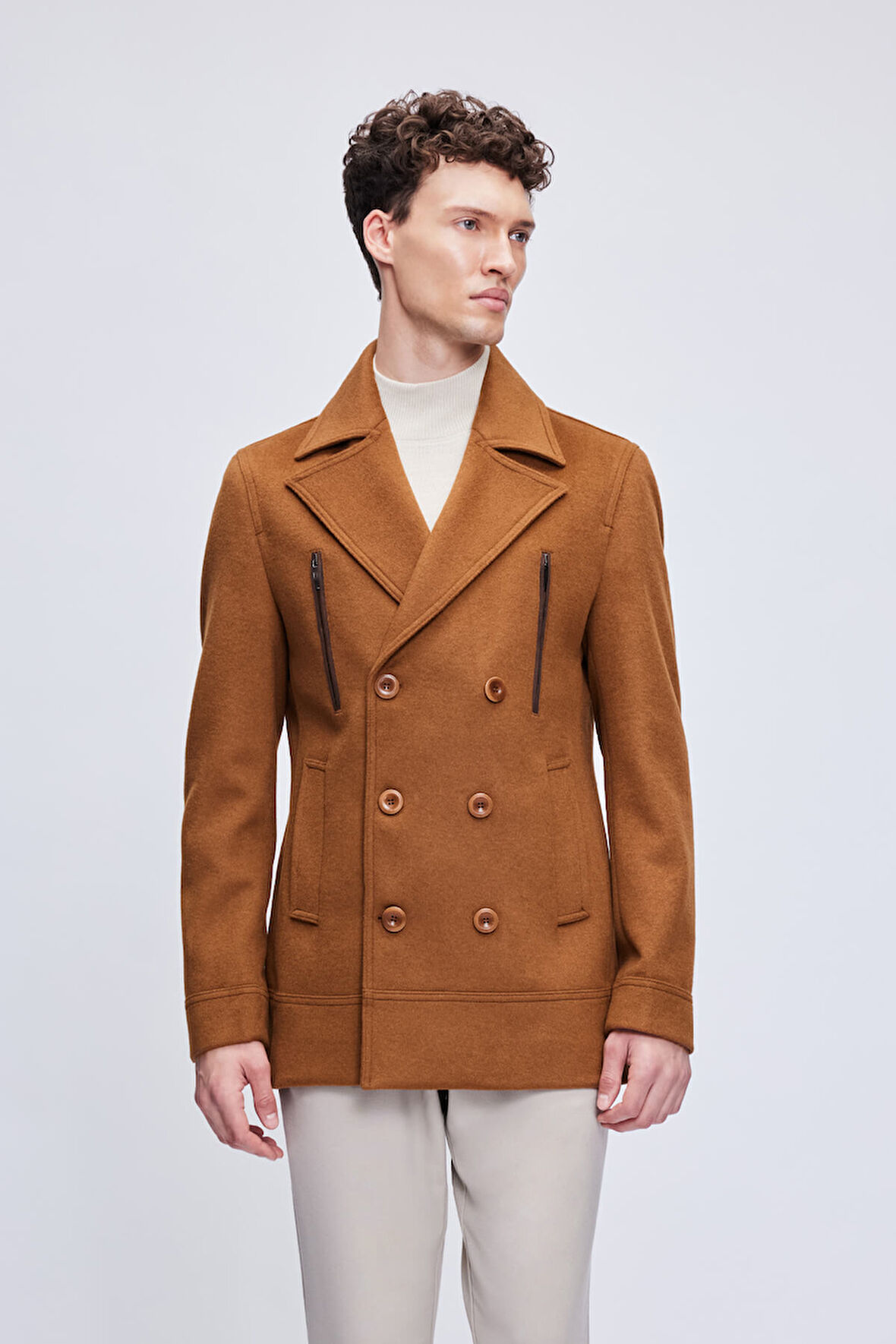 Camel Slim Fit Düz Kruvaze Yünlü Kaşe Kaban | XXL