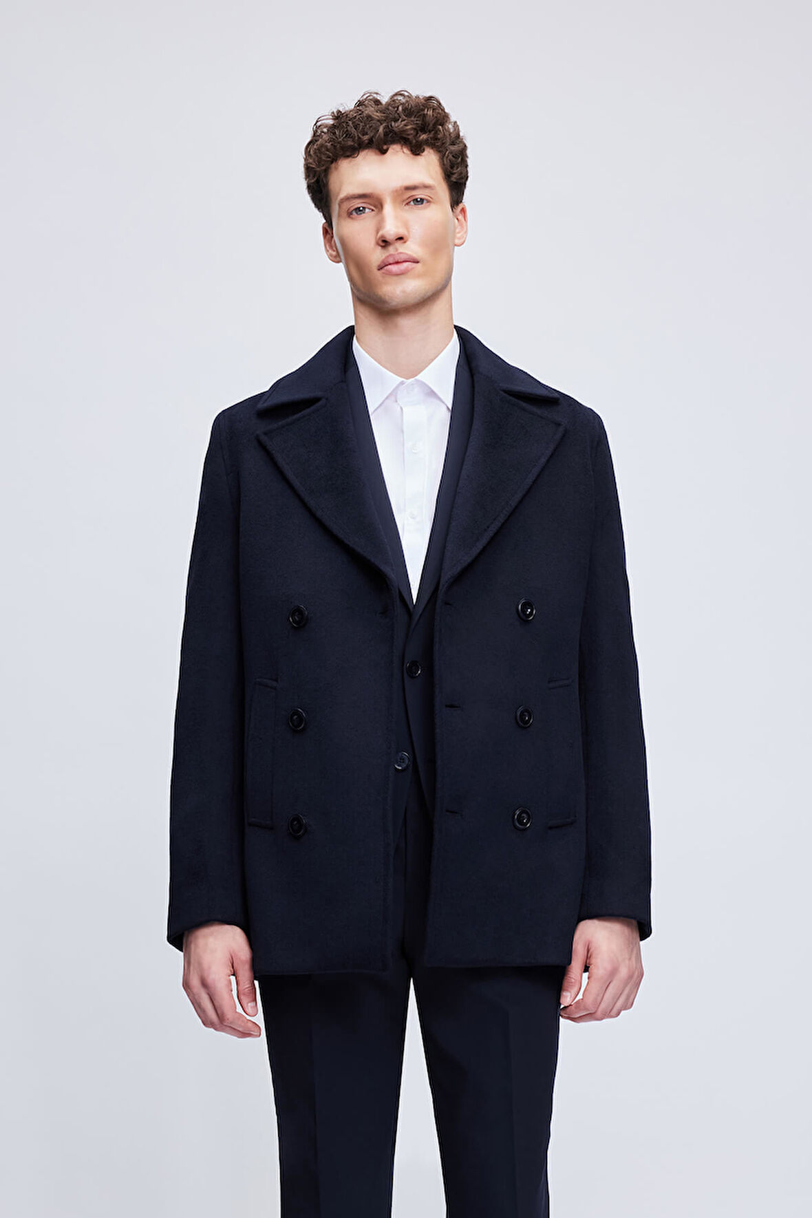 Lacivert Slim Fit Düz Kürklü Kruvaze Kaşe Kaban | XXL