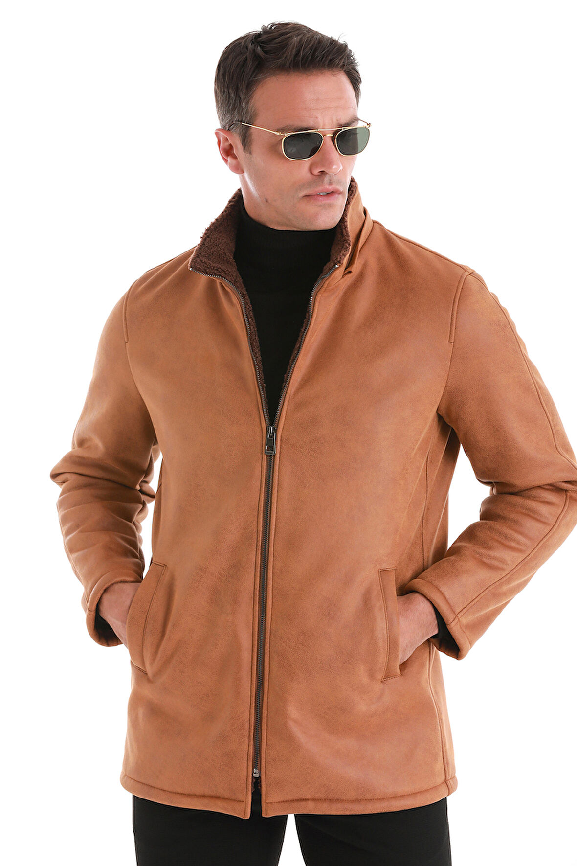 Kahverengi Slim Fit Hakim Yaka Kapüşonlu Basic Deri Kaban | S