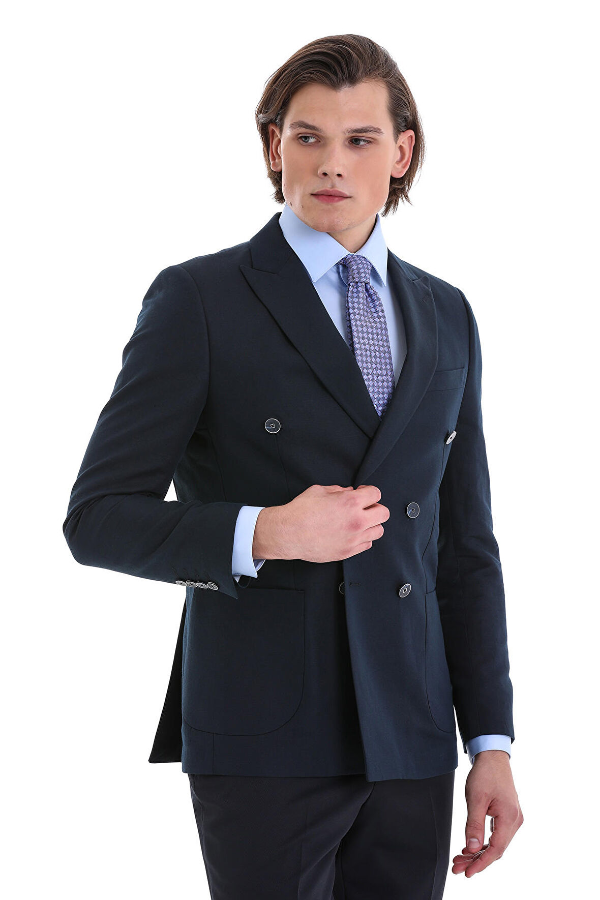 Lacivert Slim Fit Düz Sivri Yaka Kruvaze Klasik Ceket | 46