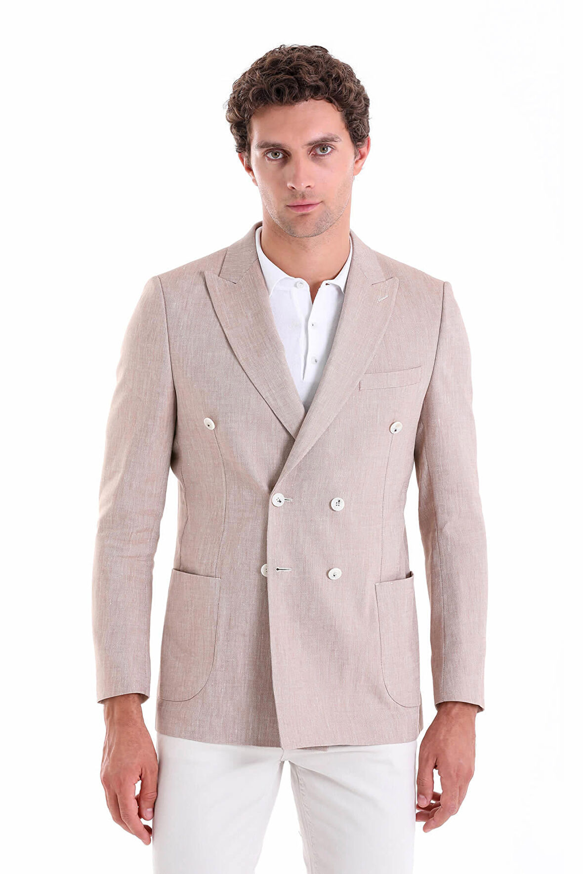 Brick Slim Fit Düz Sivri Yaka Kruvaze Keten Ceket