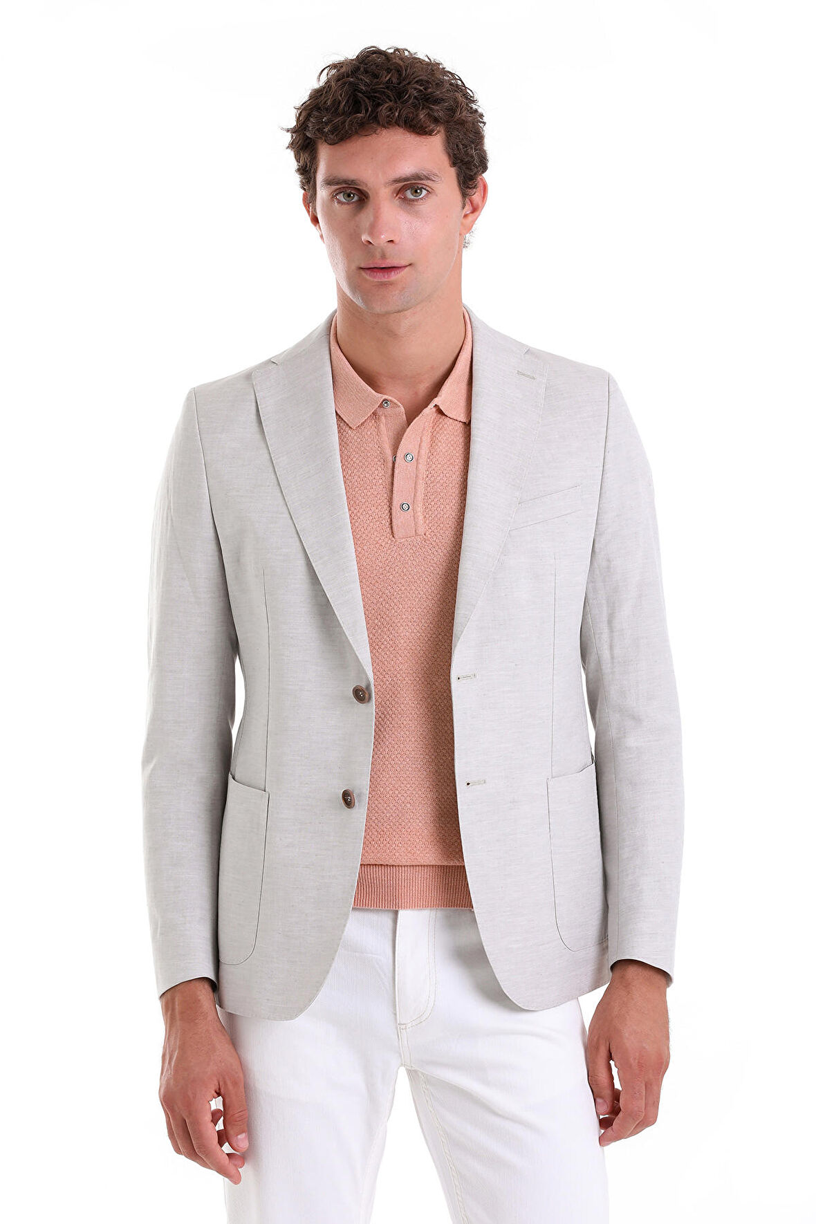 Gri Slim Fit Düz Mono Yaka Casual Keten Ceket