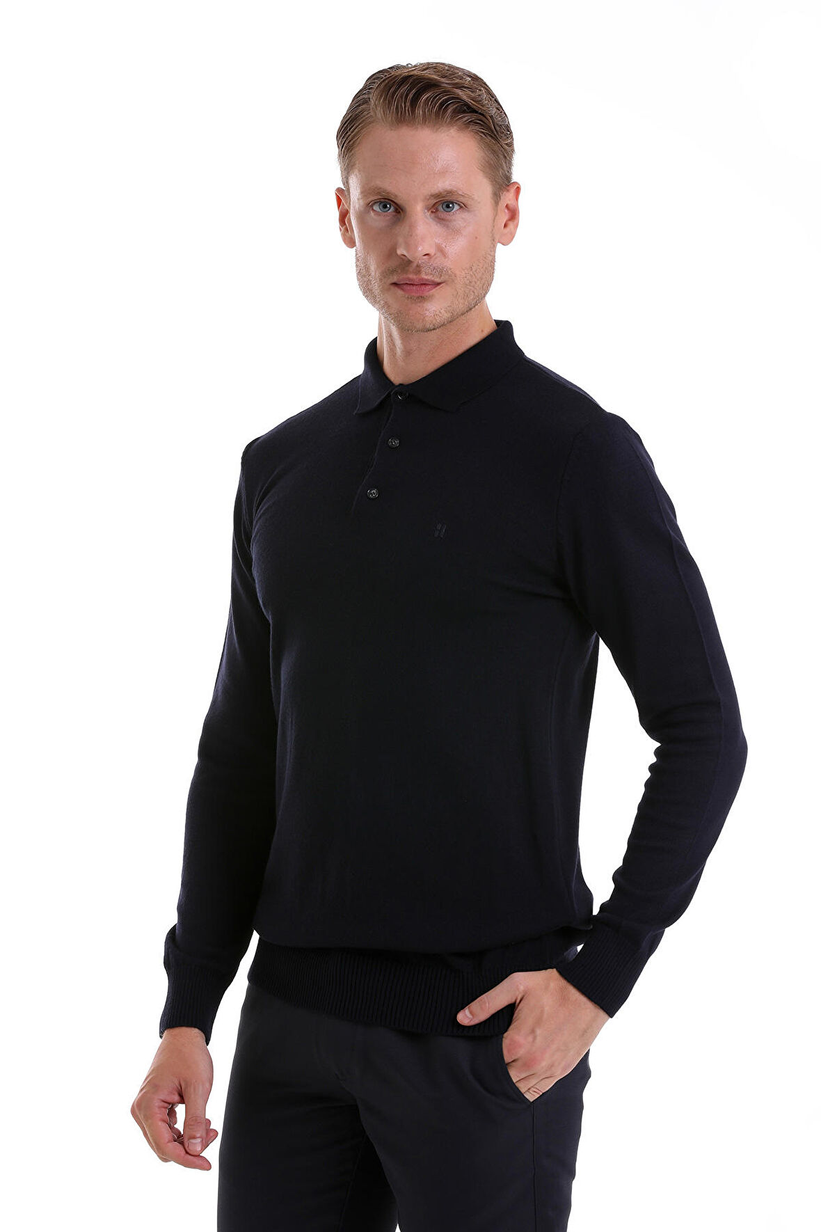 Lacivert Regular Fit Düz Polo Yaka Triko Kazak