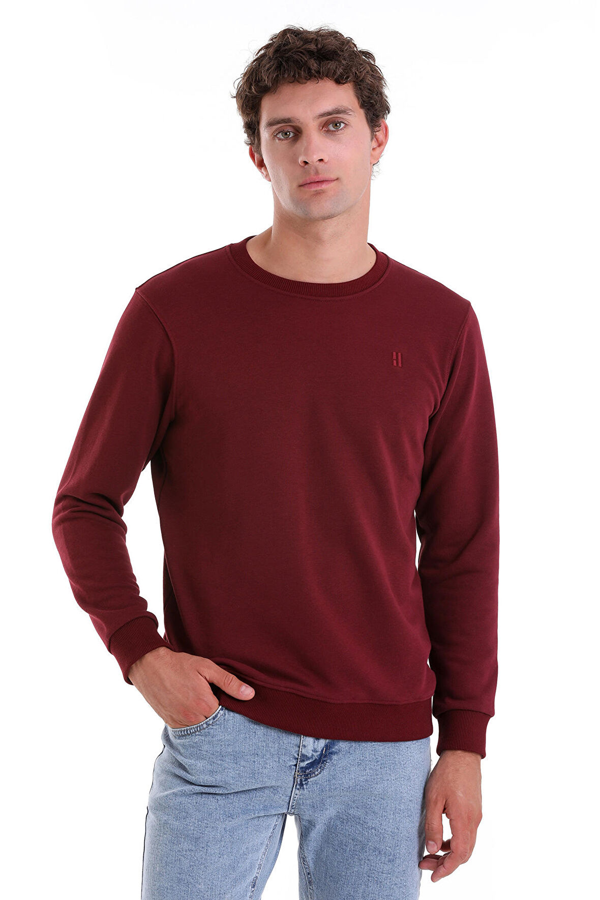 Bordo Regular Fit Düz Pamuklu Bisiklet Yaka Sweatshirt