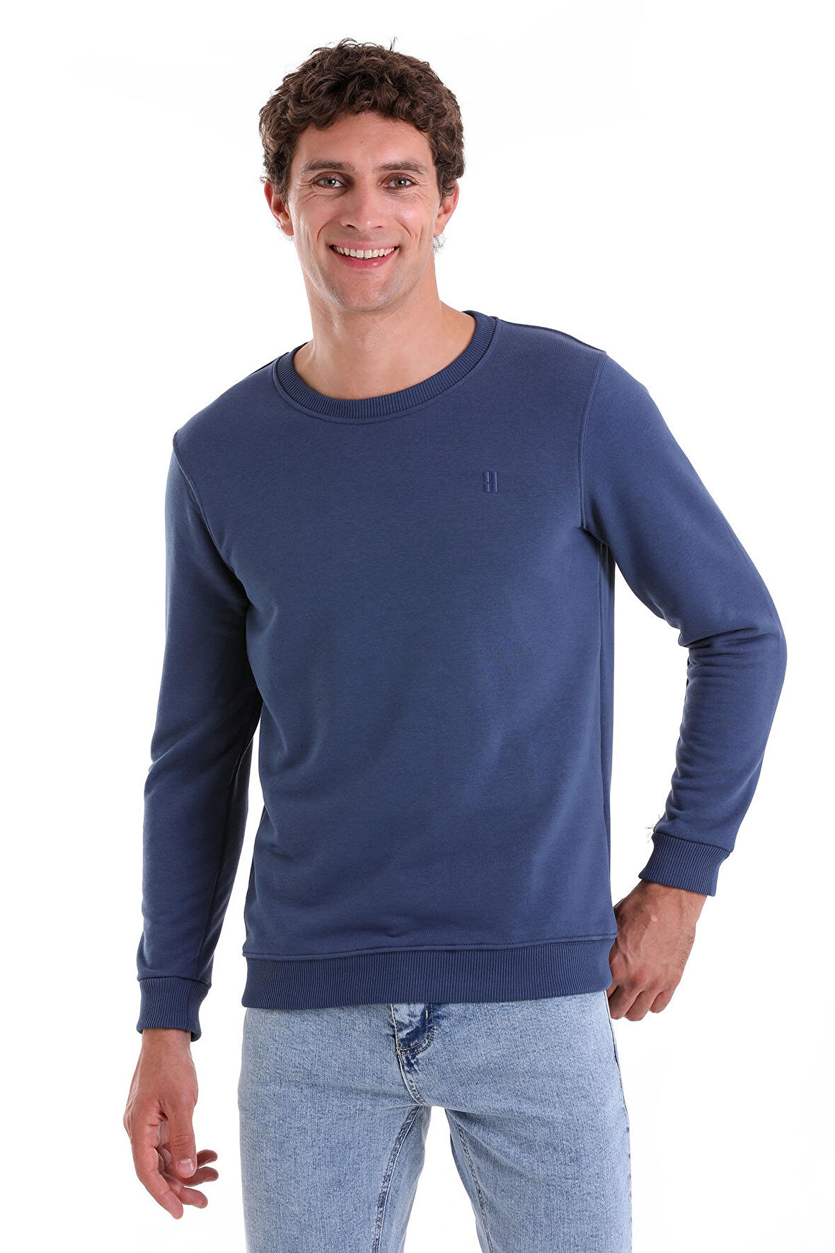 indigo Regular Fit Düz Pamuklu Bisiklet Yaka Sweatshirt