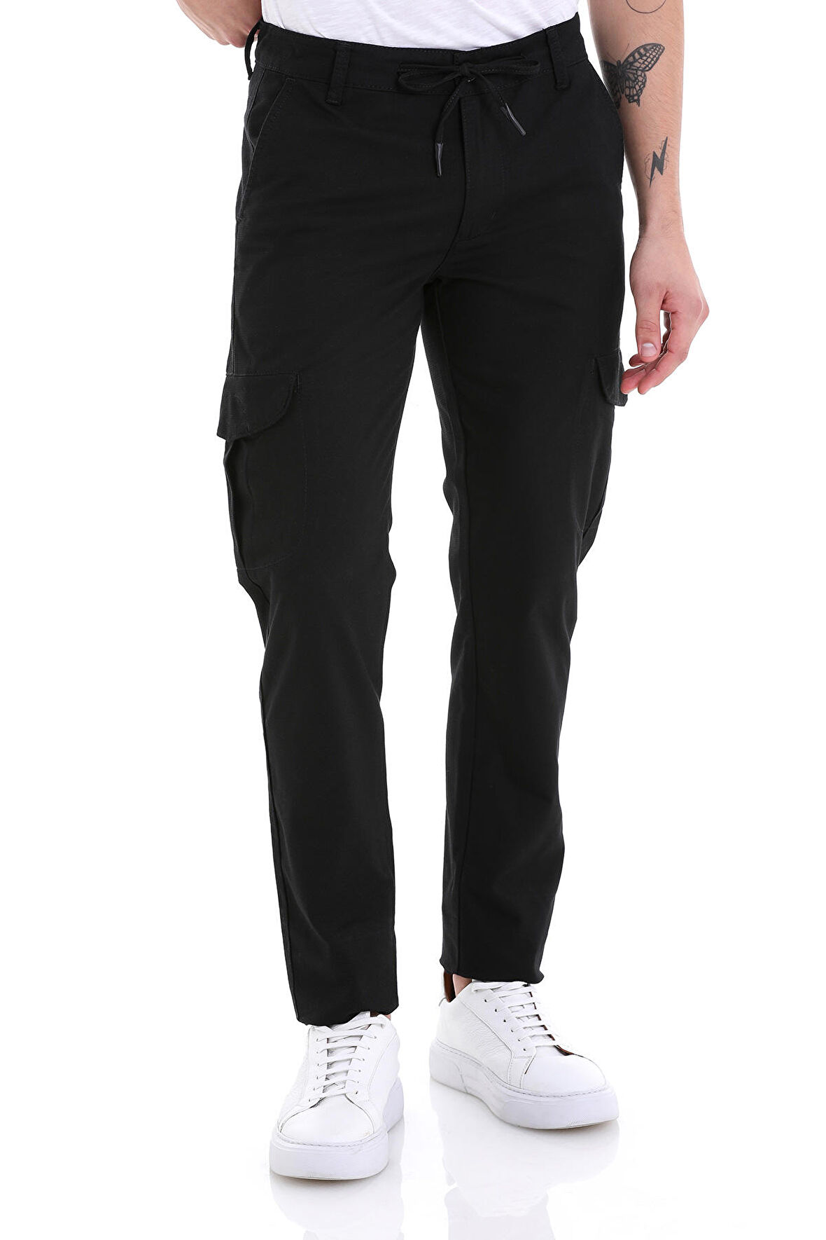 Siyah Dinamik Fit Desenli Pamuklu Yandan Cepli Kanvas Pantolon | 32