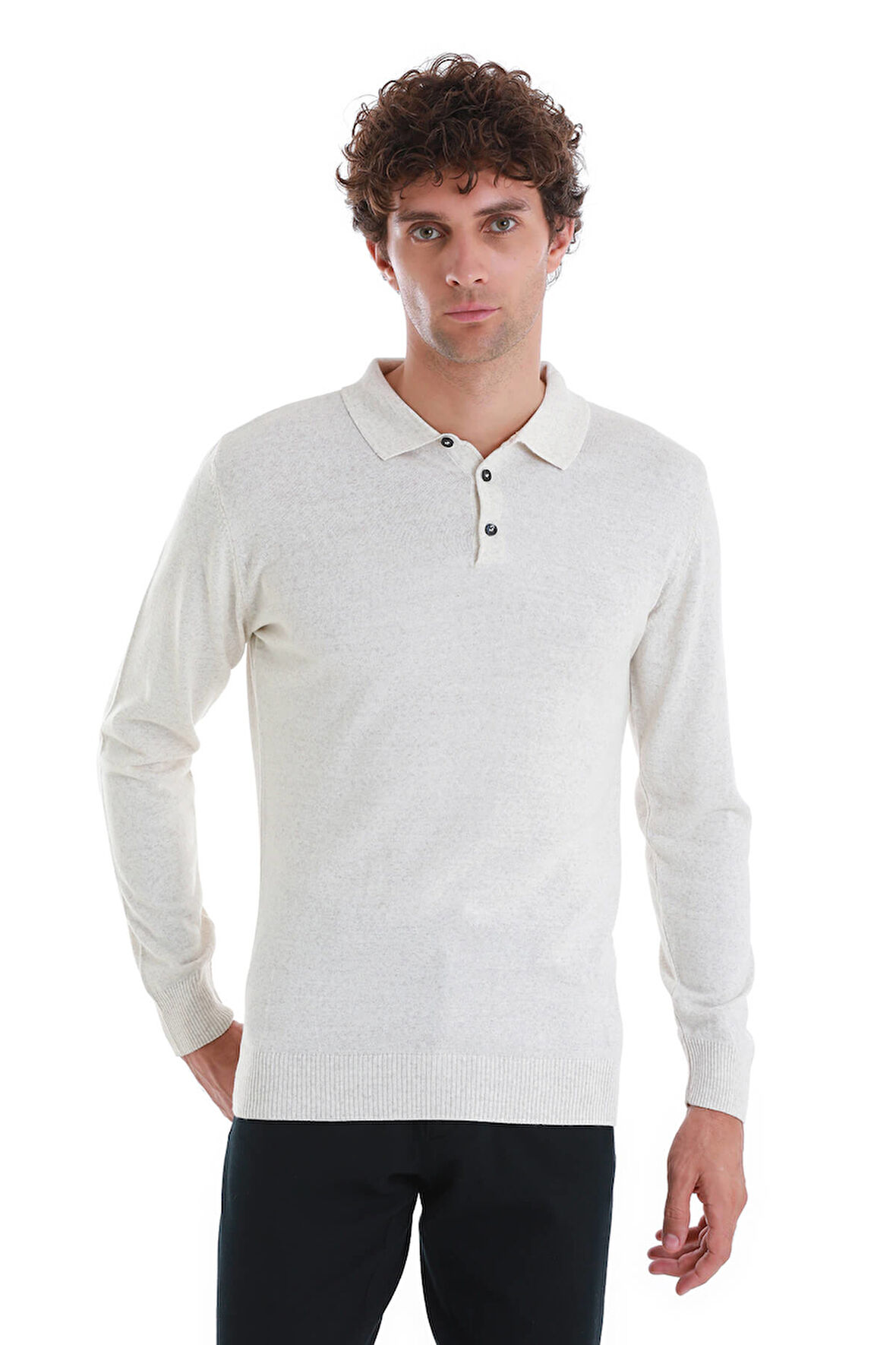 Bej Regular Fit Düz Polo Yaka Triko Kazak | XL