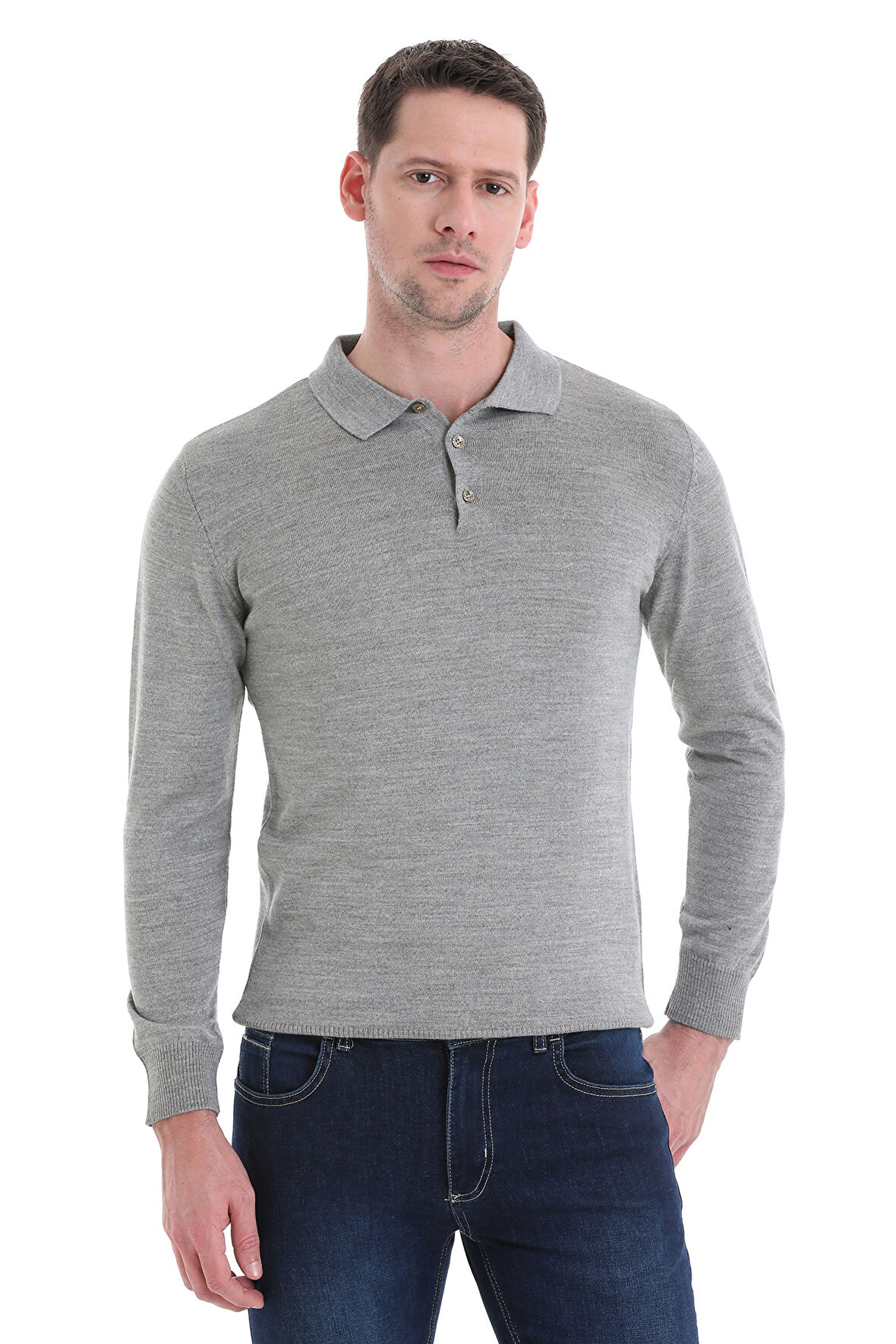 Gri Regular Fit Düz Polo Yaka Triko Kazak | L