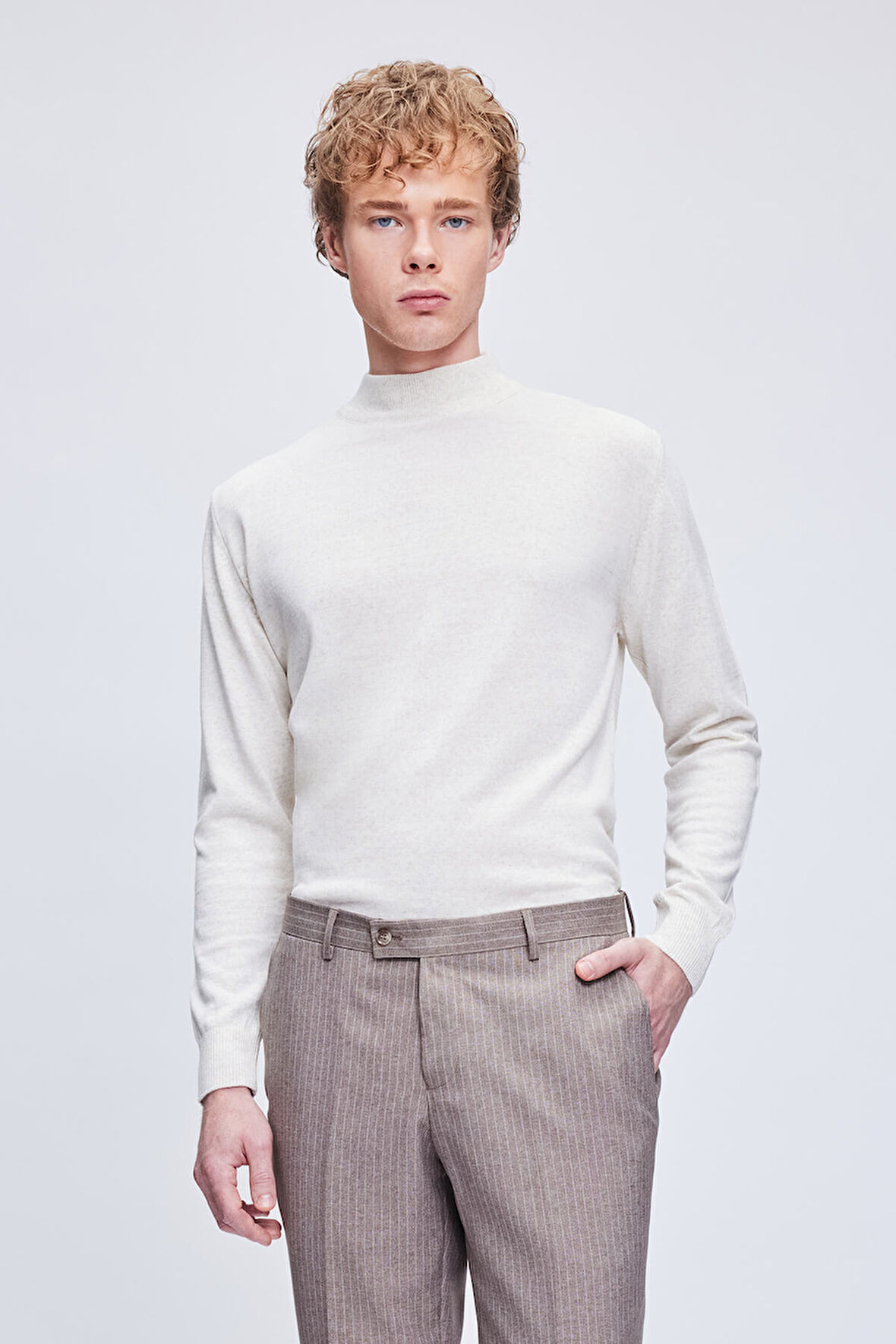 Bej Regular Fit Düz Yarım Balıkçı Yaka Yünlü Triko Kazak | 3XL