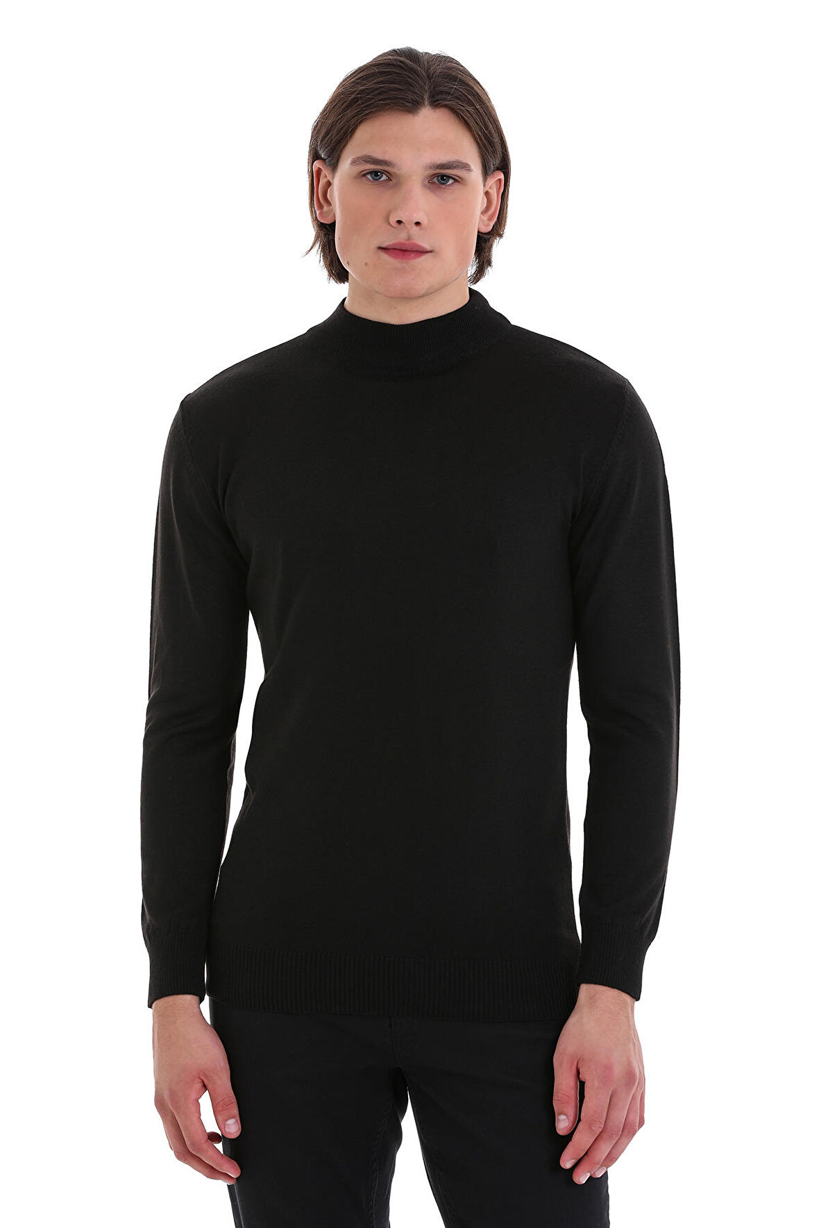 Siyah Regular Fit Düz Yarım Balıkçı Yaka Yünlü Triko Kazak | S