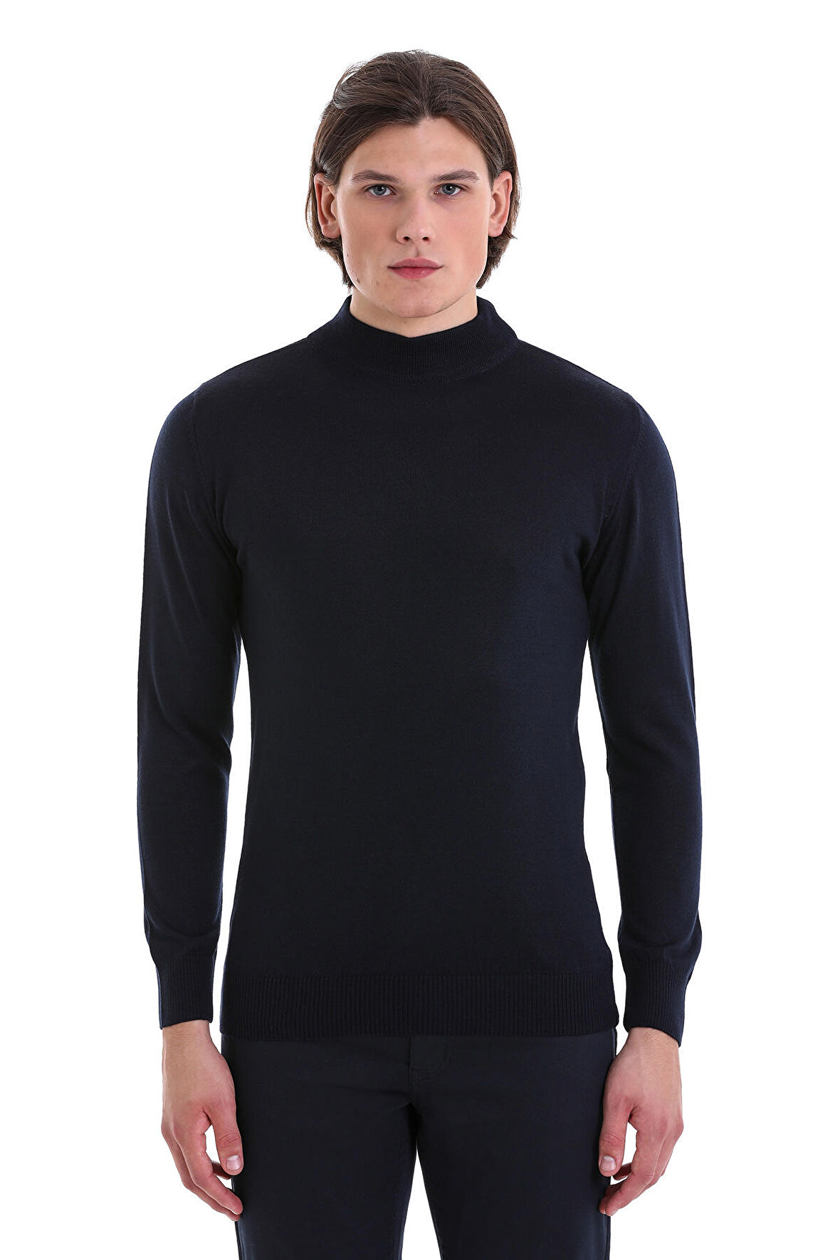 Lacivert Regular Fit Düz Yarım Balıkçı Yaka Yünlü Triko Kazak | S