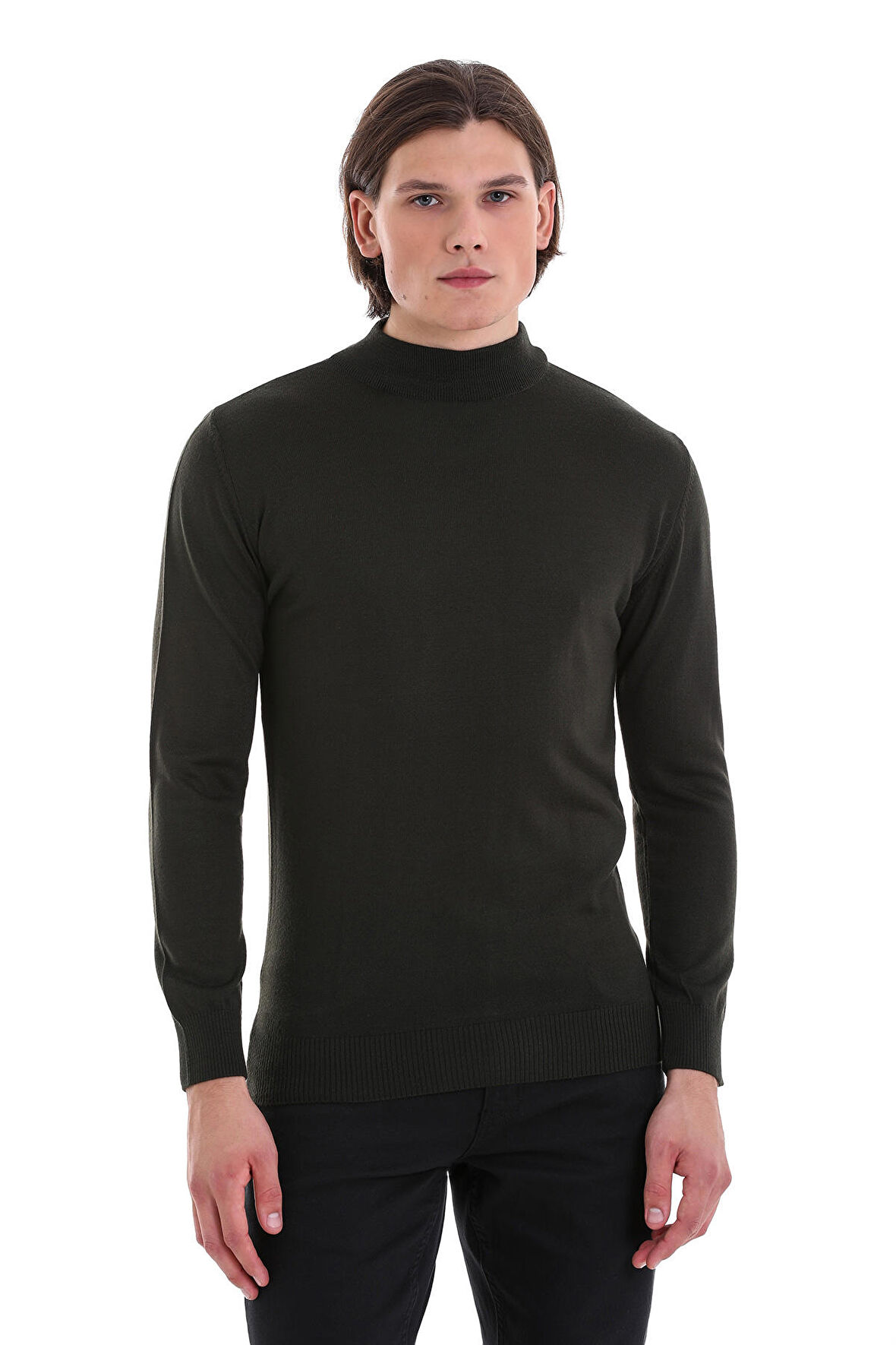 Haki Regular Fit Düz Yarım Balıkçı Yaka Yünlü Triko Kazak | S