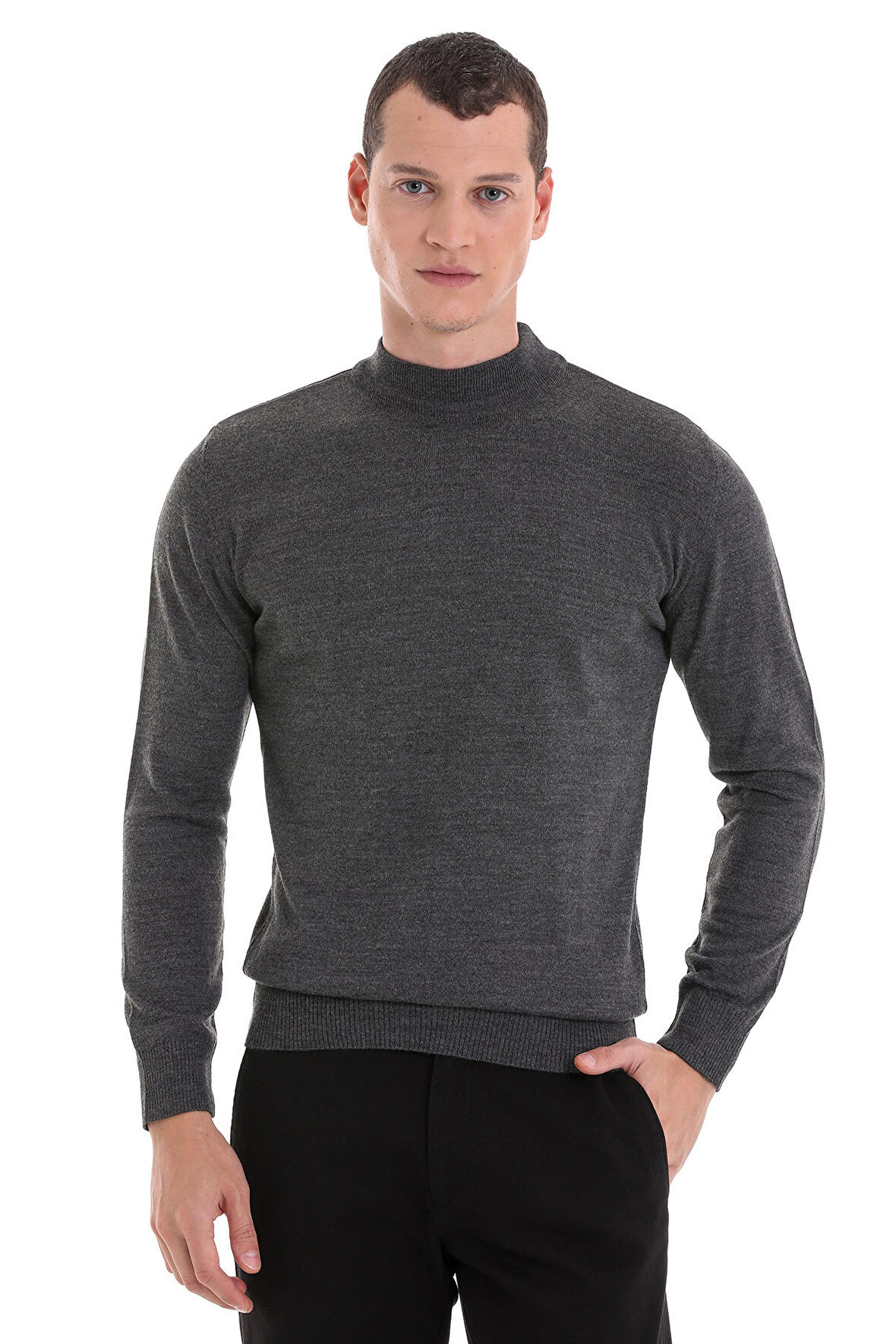 Gri Regular Fit Düz Yarım Balıkçı Yaka Yünlü Triko Kazak | XL