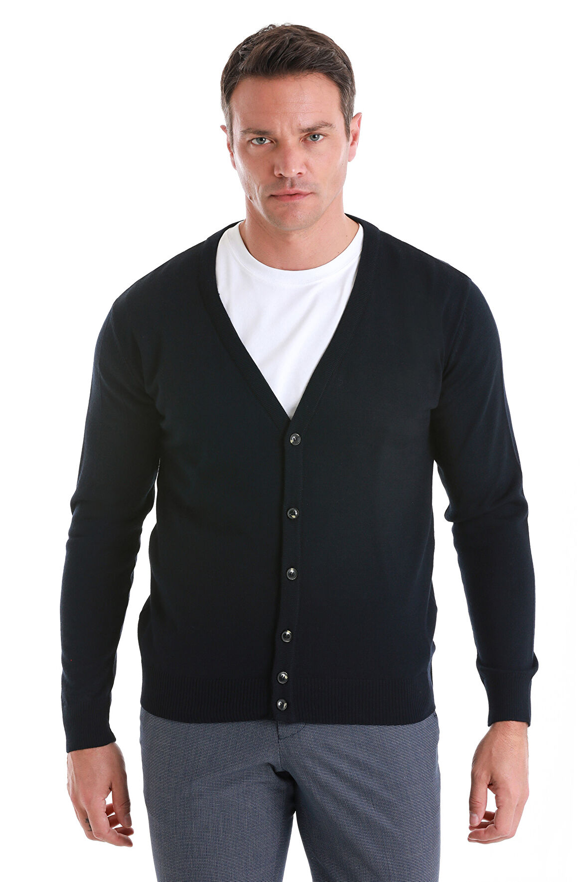 Lacivert Regular Fit Düz V Yaka Triko Hırka | 3XL