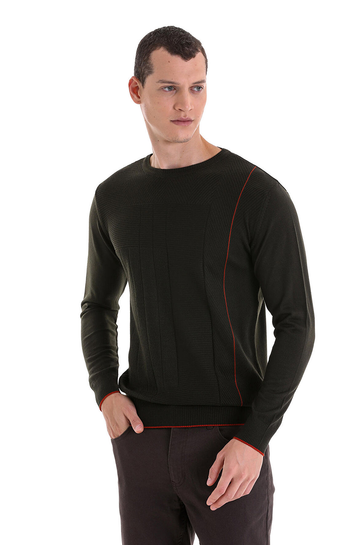 Haki Regular Fit Jakarlı Bisiklet Yaka  Yünlü Triko Kazak | L